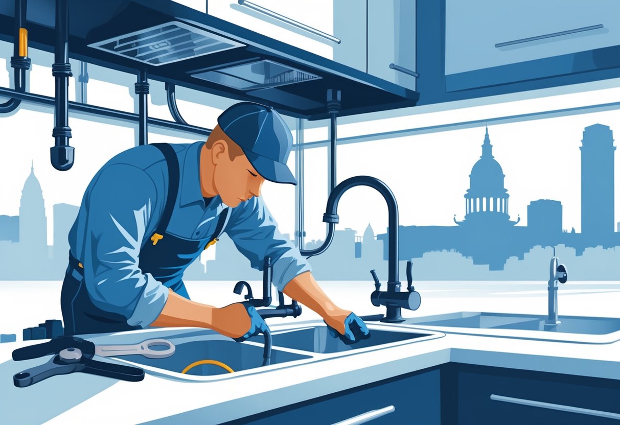 Plumbing Plumbing Services In Philadelphia 2 A Plumber Working Under A Kitchen Sink With Philadelphia City Landmarks In The Background.
