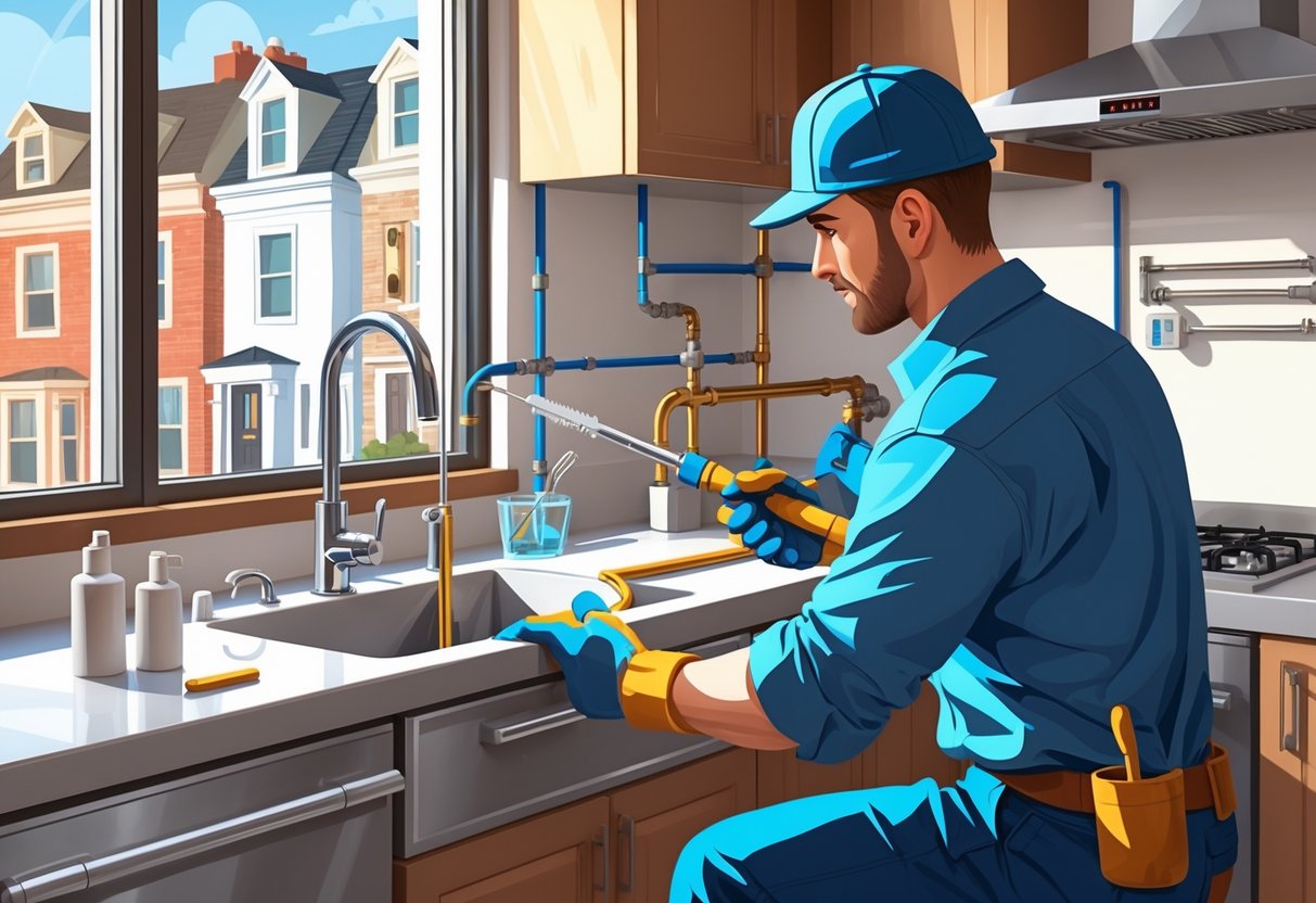 Plumbing Plumbing Services In Philadelphia 3 A Plumber Working Under A Kitchen Sink In A Philadelphia Home, Repairing Pipes With Tools.