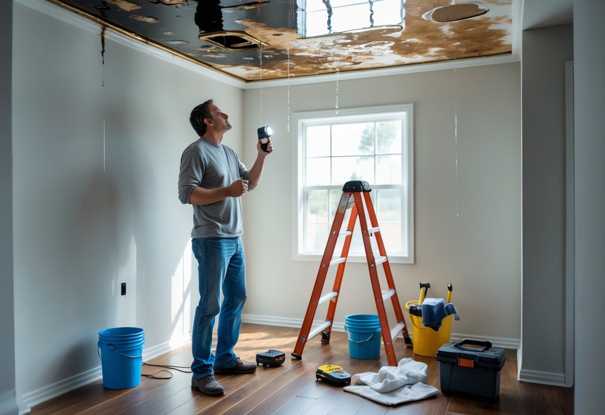 Ceiling Leaking? What Philadelphia Homeowners Should Do Right Now 1 A Person Inspecting A Water-Stained Ceiling With A Small Leak, Standing Next To Repair Tools In A Well-Lit Room.