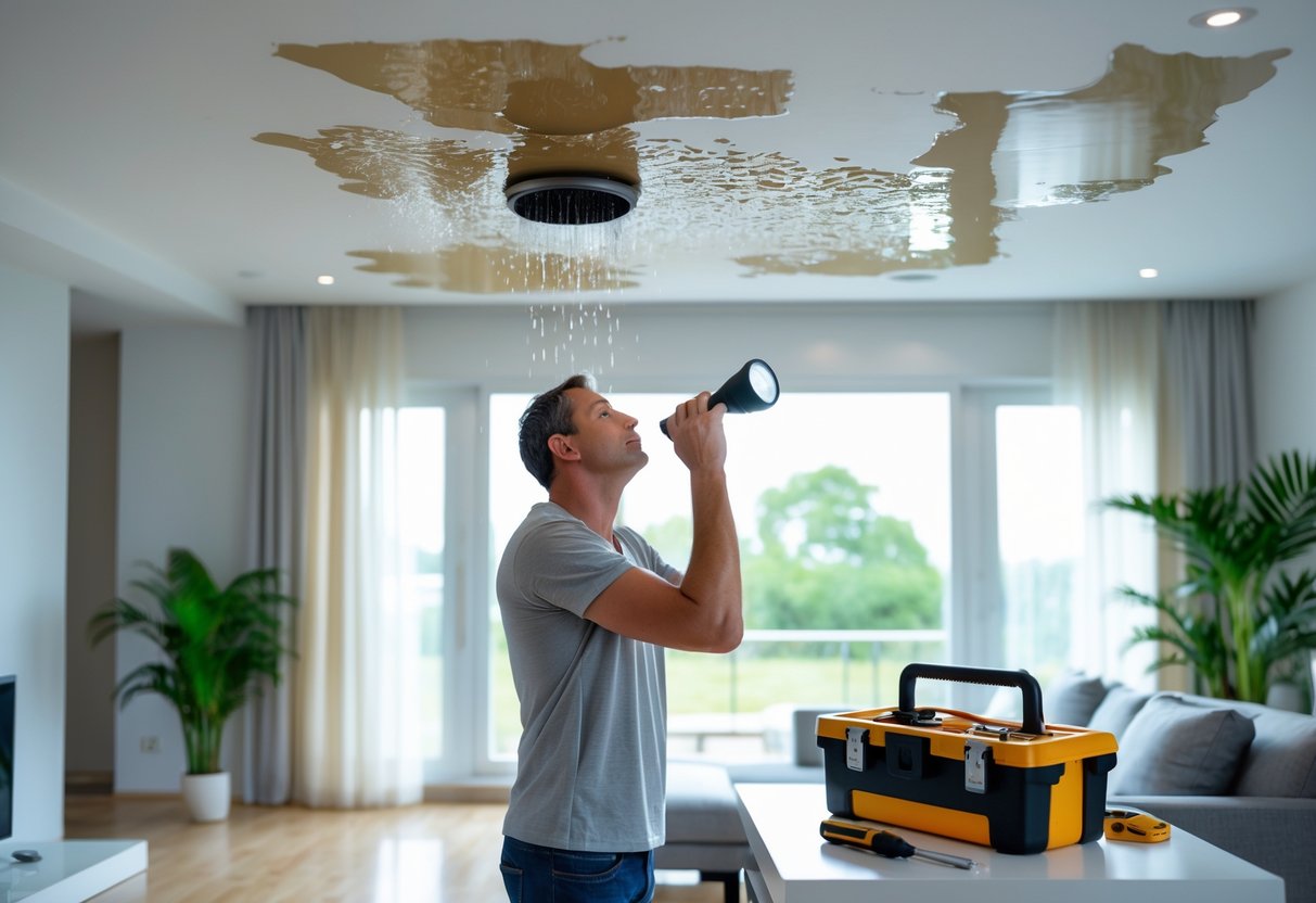 Ceiling Leaking? What Philadelphia Homeowners Should Do Right Now 2 A Person Inspecting A Water-Stained Ceiling With A Small Drip In A Living Room, Holding A Flashlight And A Toolbox Nearby.