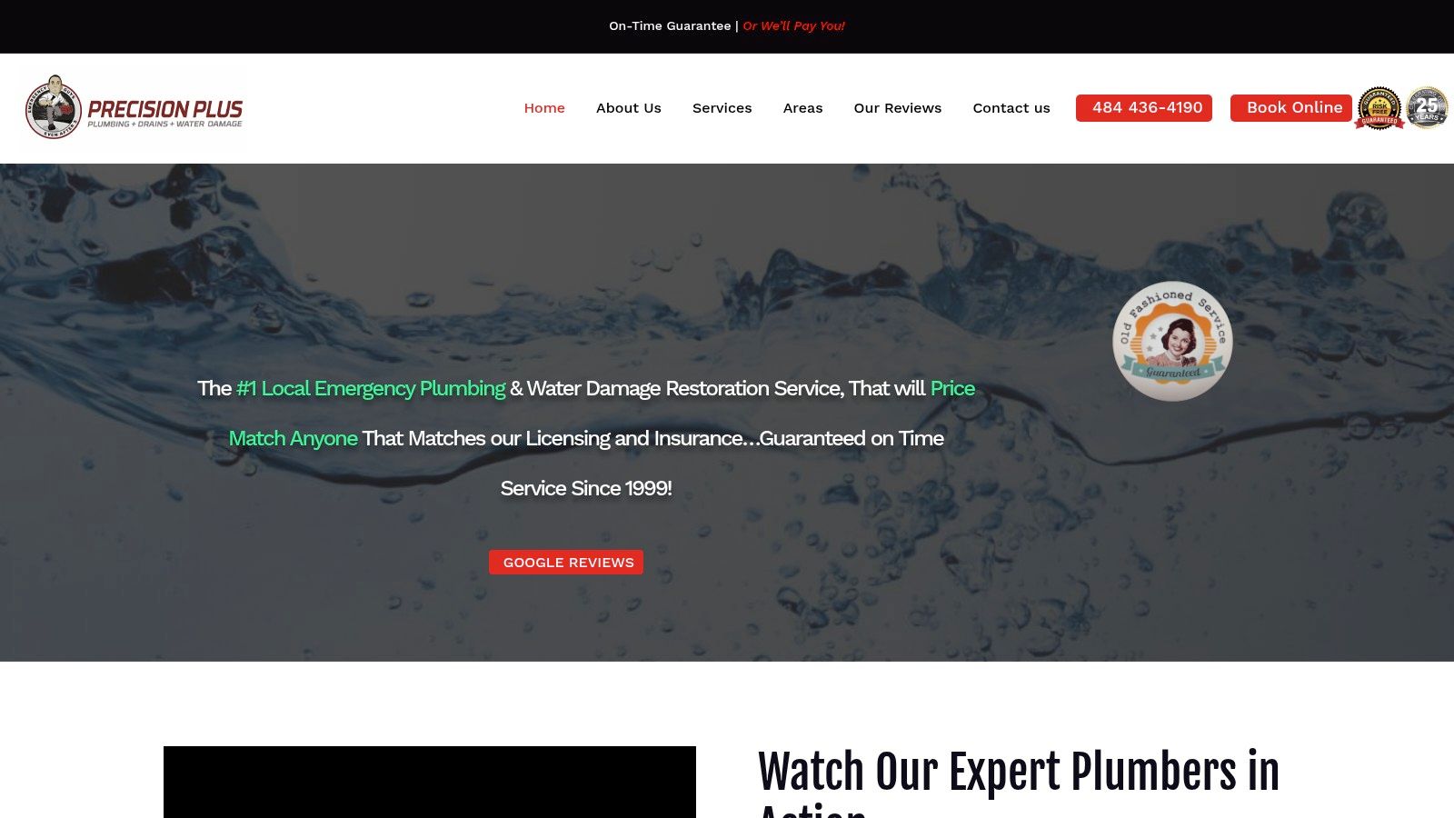 Precision Plus Plumbing Website Homepage Showing A Technician And Service Guarantees.