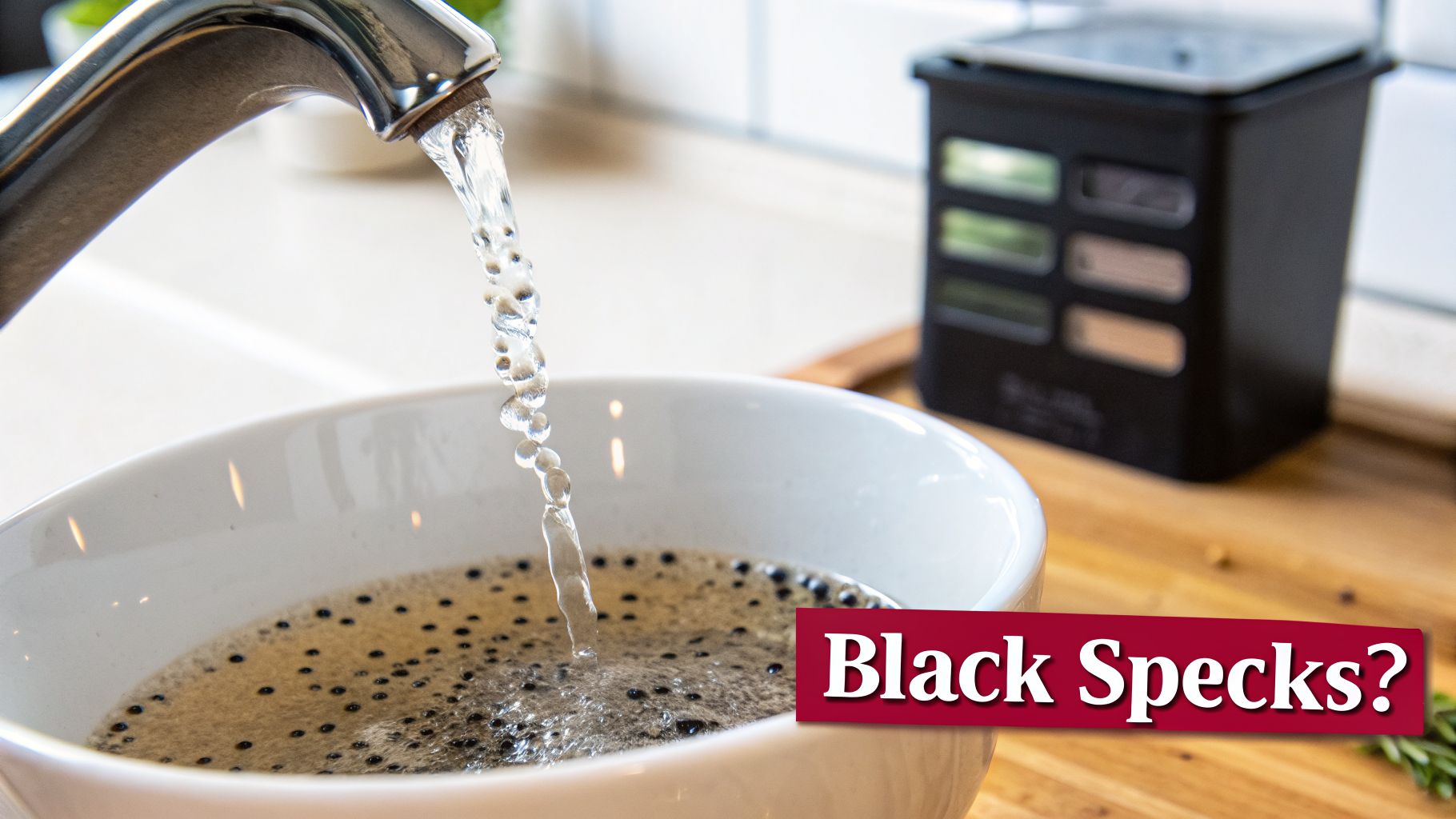 Why Are There Black Specks In Hot Water? An Expert Guide 1 Water Pouring From A Kitchen Faucet Into A White Bowl, Revealing Numerous Black Specks And Foam.