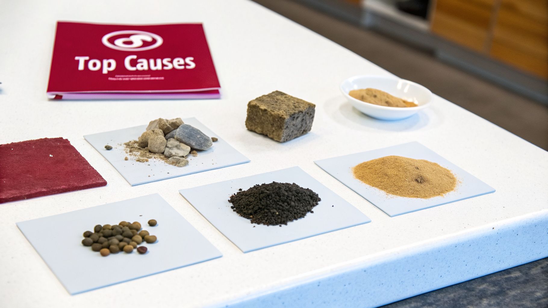 Why Are There Black Specks In Hot Water? An Expert Guide 2 Various Material Samples Including Rocks, Sand, Soil, And Pellets Displayed On A Table With A 'Top Causes' Brochure.
