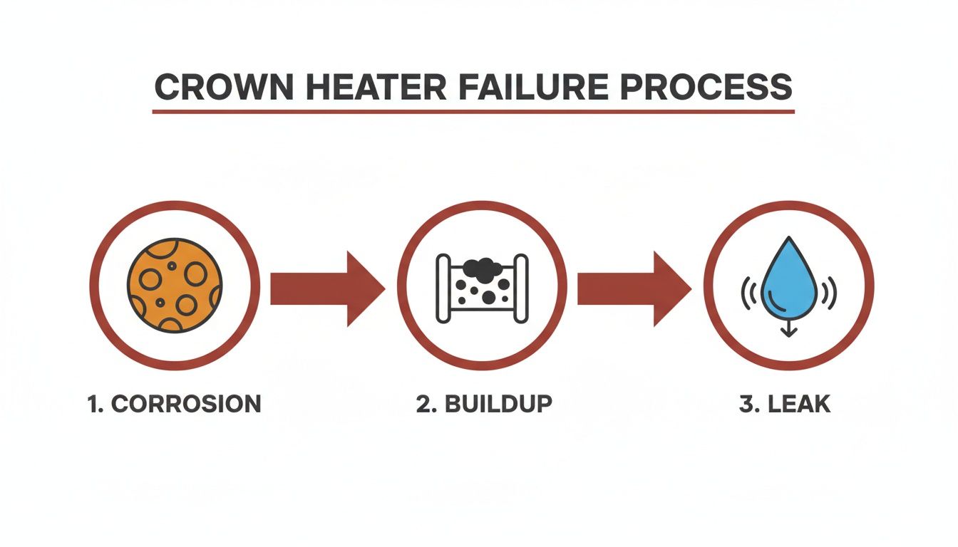 Diagram Showing The Crown Heater Failure Process With Three Steps: Corrosion, Buildup, And Leak.