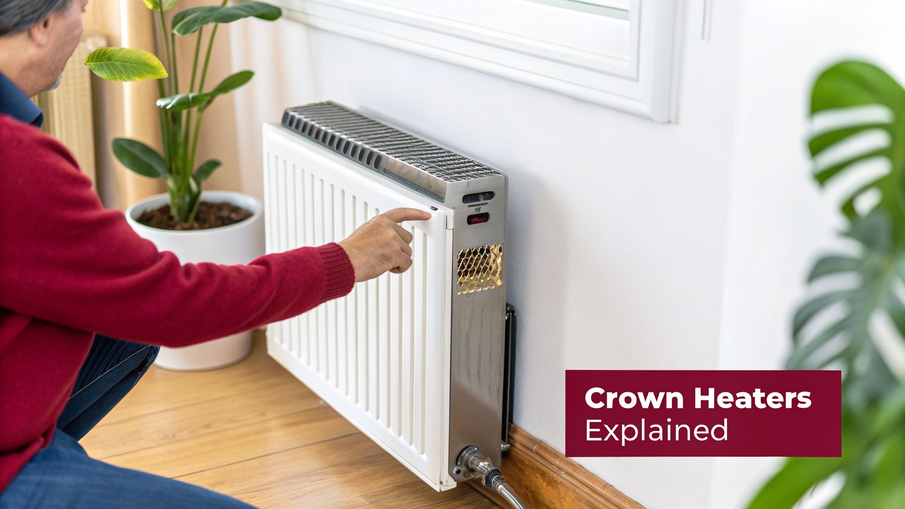 Man In Red Sweater Adjusts A Modern White Crown Heater Mounted On A Wall With A Plant Nearby.