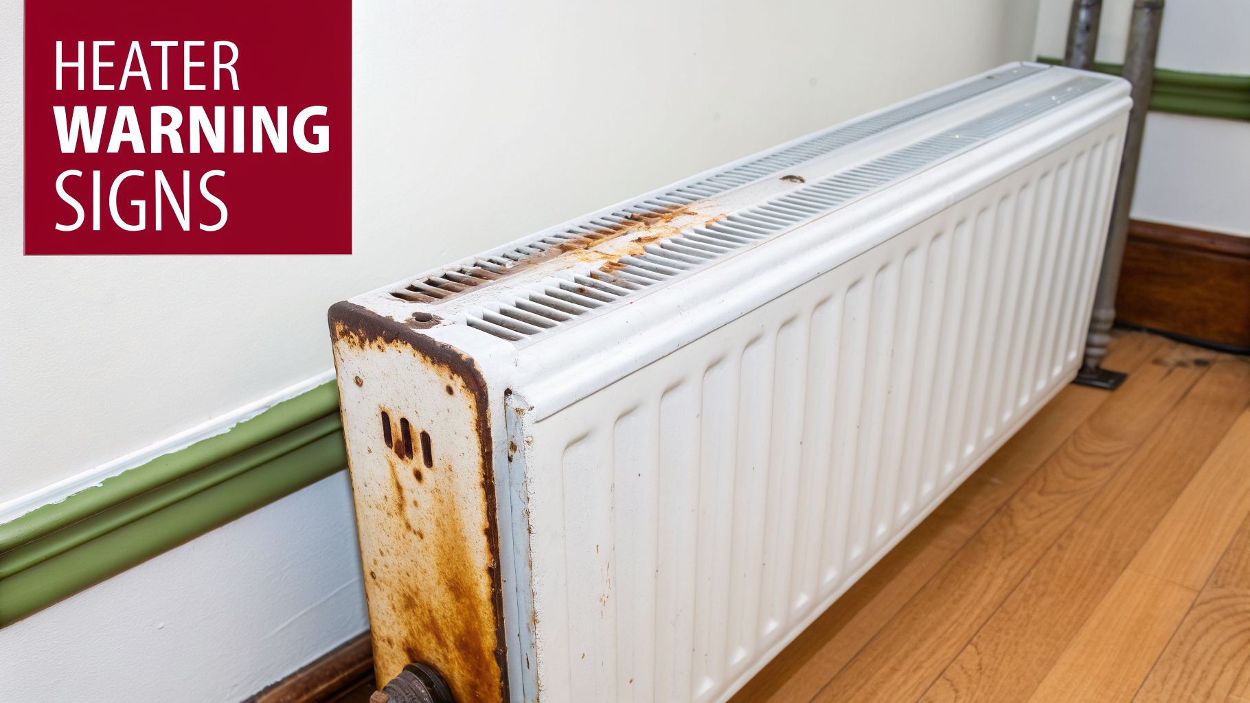 A White Heating Radiator With Significant Rust And Corrosion On Its Surface, Illustrating Heater Warning Signs.