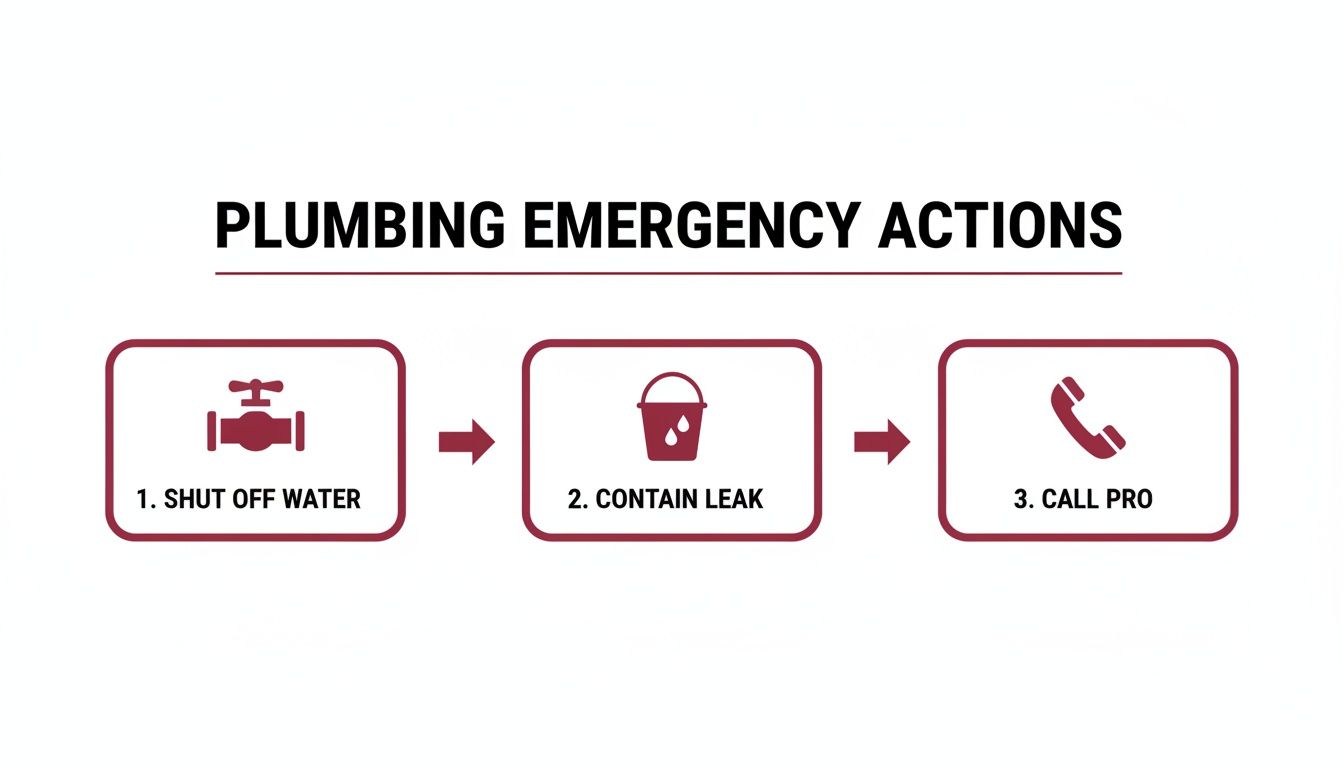 Finding Emergency Plumbing Services Near Me A Homeowner'S Guide 1 A Three-Step Flowchart Outlining Plumbing Emergency Actions: Shut Off Water, Contain Leak, And Call A Professional.