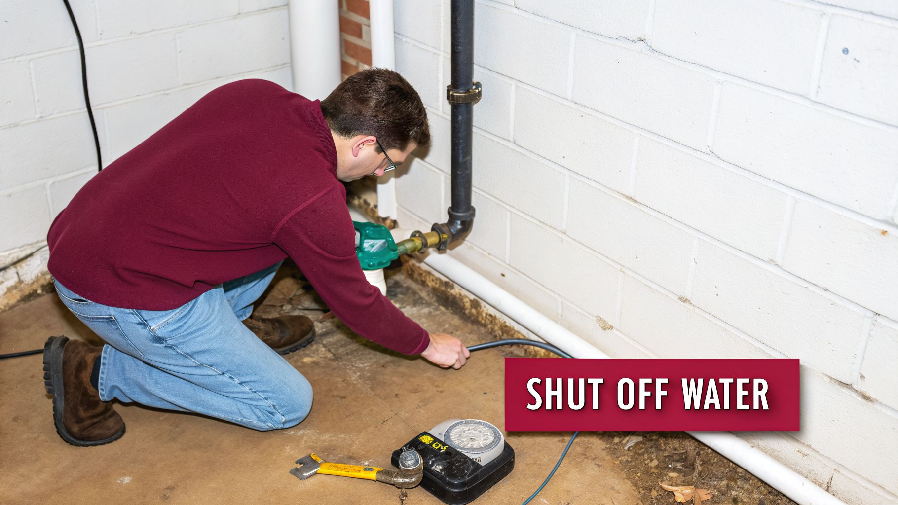 Finding Emergency Plumbing Services Near Me A Homeowner'S Guide 2 A Man In A Basement Shuts Off Water By A Pipe, With Tools On The Concrete Floor.