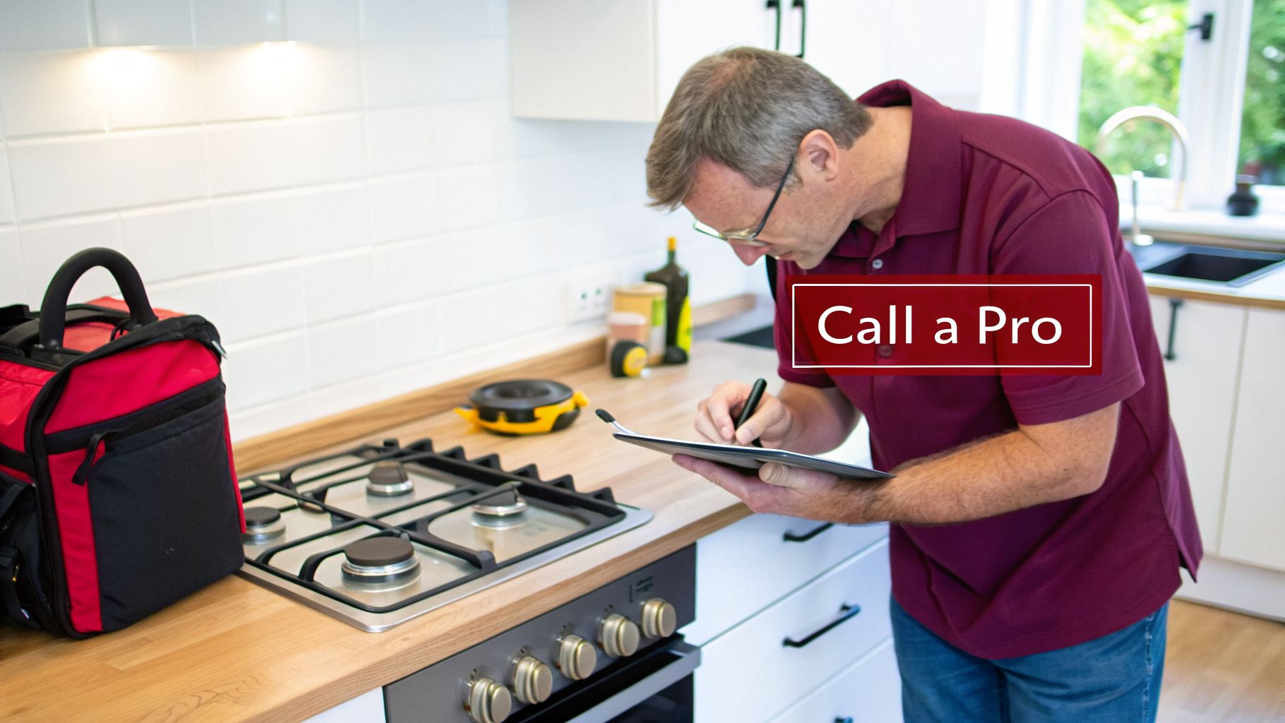 Gas Stove Repair Philadelphia: Your Quick Guide To Fixes 1 A Professional Technician Inspects A Gas Stove In A Modern Kitchen, Taking Notes On A Clipboard.