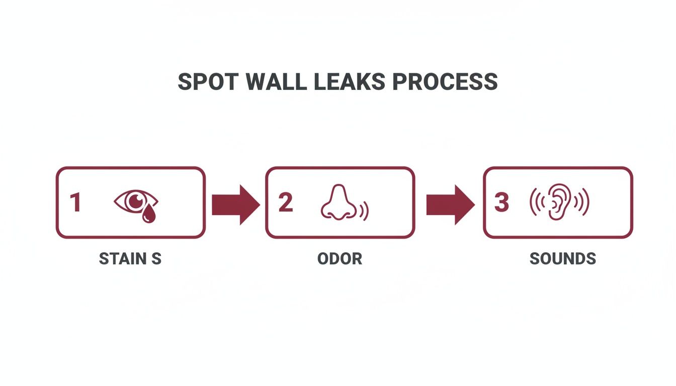 A Three-Step Process Flowchart Illustrating How To Spot Wall Leaks Using Stains, Odor, And Sounds.