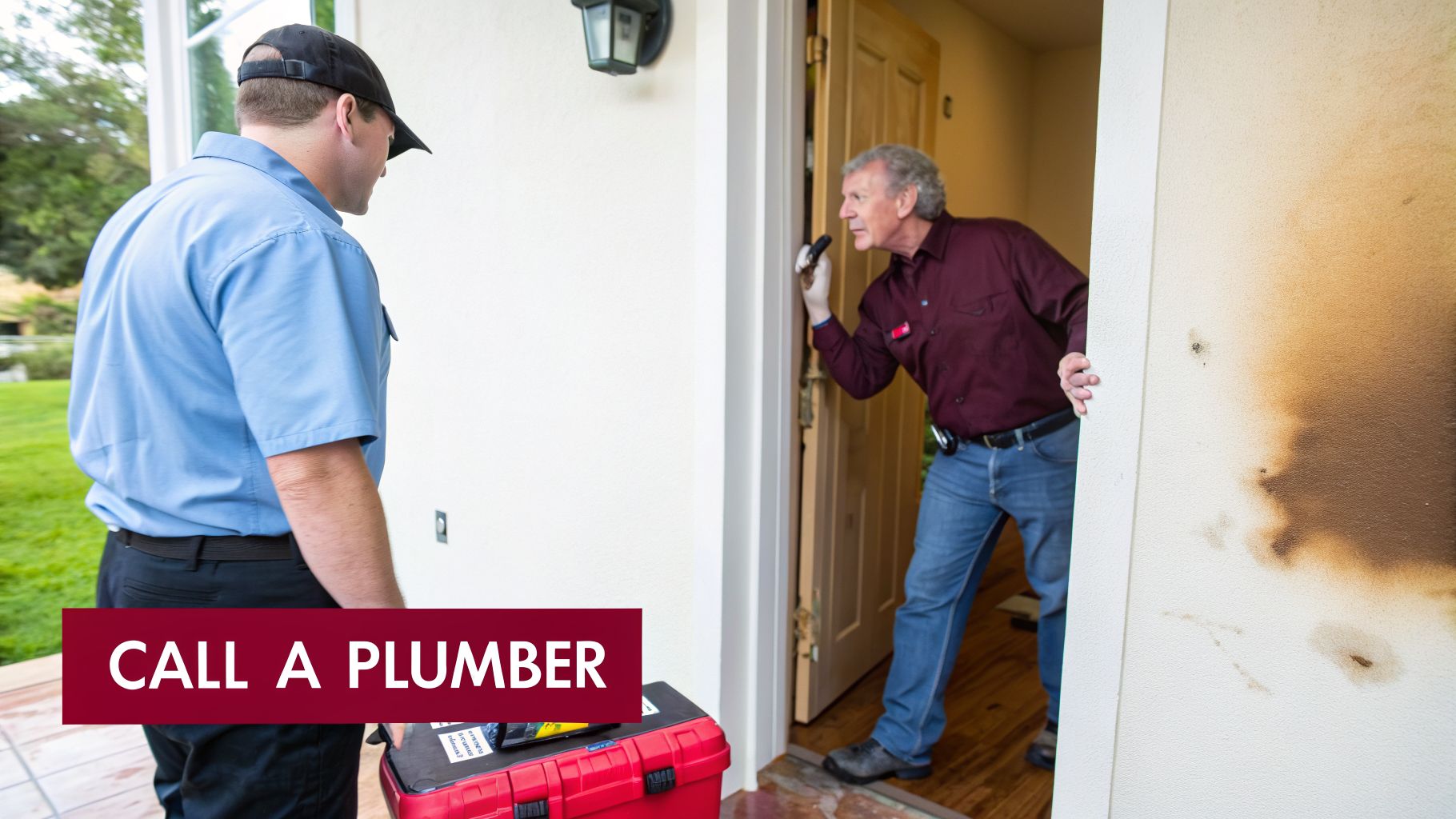 A Plumber Carrying Tools Stands Outside A House As The Homeowner Inspects A Water-Damaged Wall.