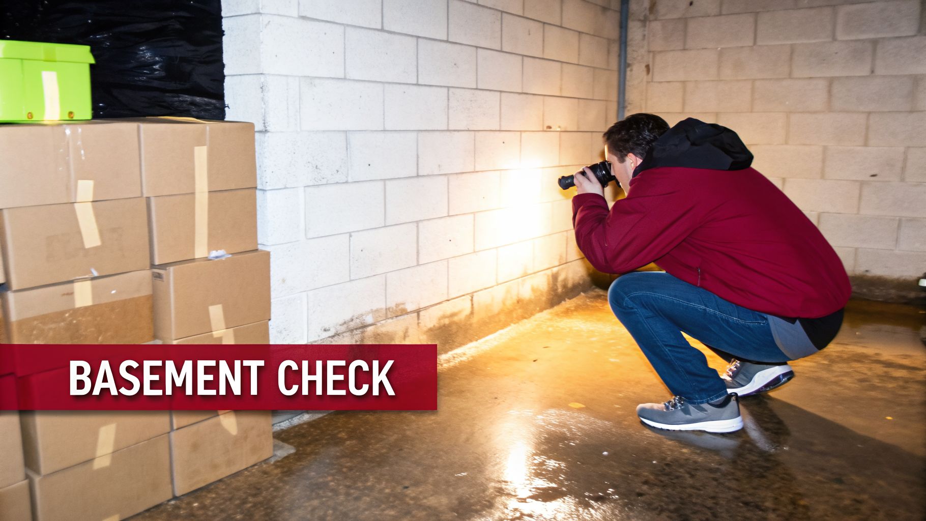 How To Test For Mold In Basement: A Practical Homeowner'S Guide 1 A Person Inspects A Damp Basement Wall With A Flashlight, Looking For Issues Like Mold Or Leaks.