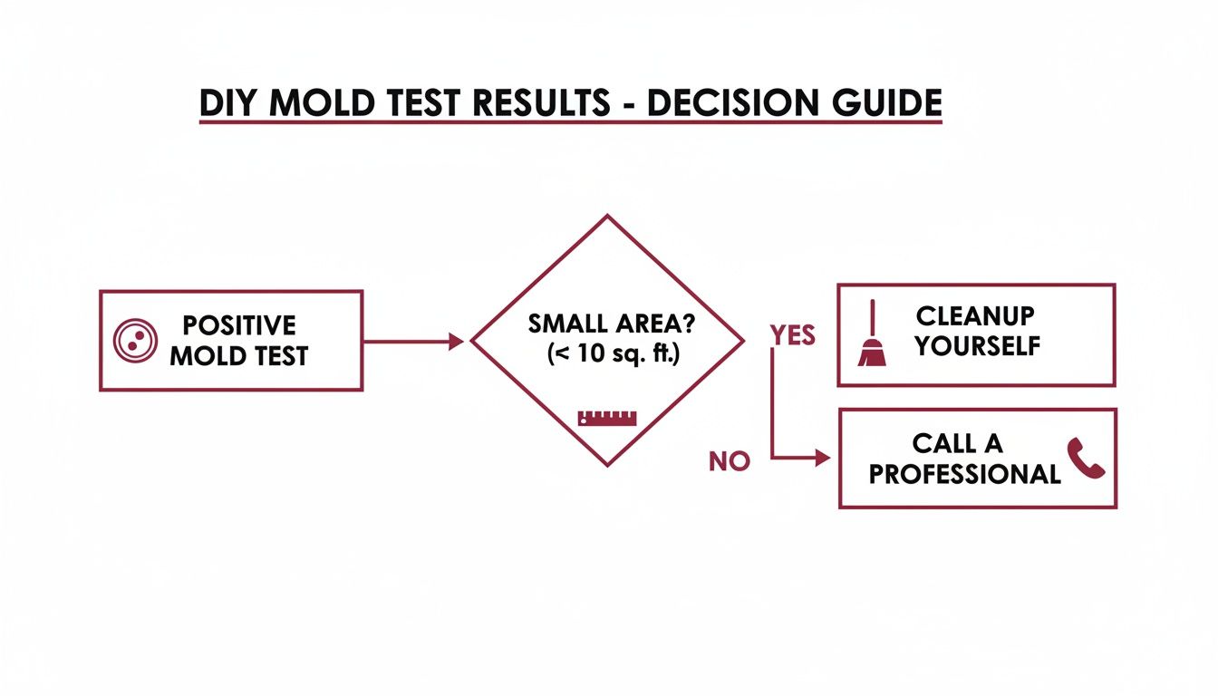 How To Test For Mold In Basement: A Practical Homeowner'S Guide 4 Flowchart Guiding Actions After A Positive Diy Mold Test Based On The Affected Area Size.
