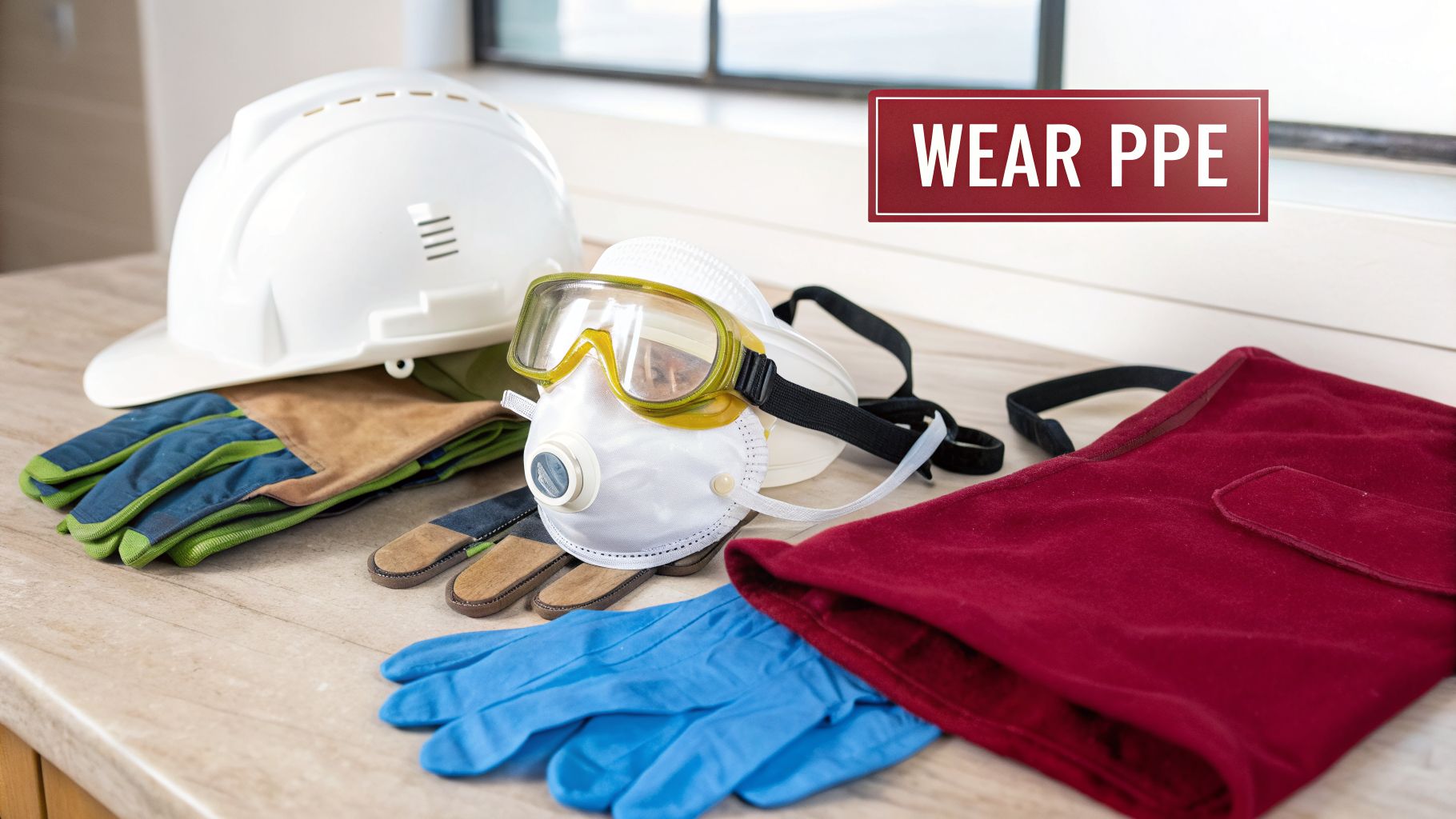 How To Test For Mold In Basement: A Practical Homeowner'S Guide 2 Various Personal Protective Equipment, Including A Hard Hat, Goggles, Masks, And Gloves, On A Counter.