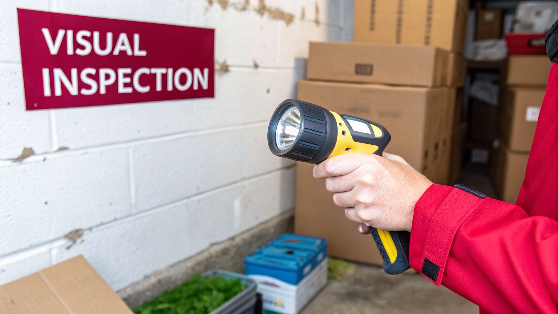How To Test For Mold In Basement: A Practical Homeowner'S Guide 3 A Person In A Red Jacket Uses A Flashlight For A Visual Inspection On A White Wall.