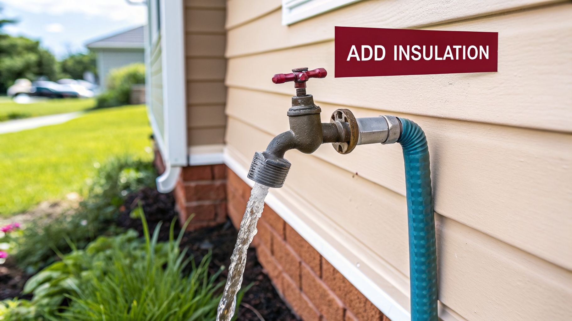 Outdoor Spigot With Running Water And A Red Sign Recommending Adding Insulation For Winterization.