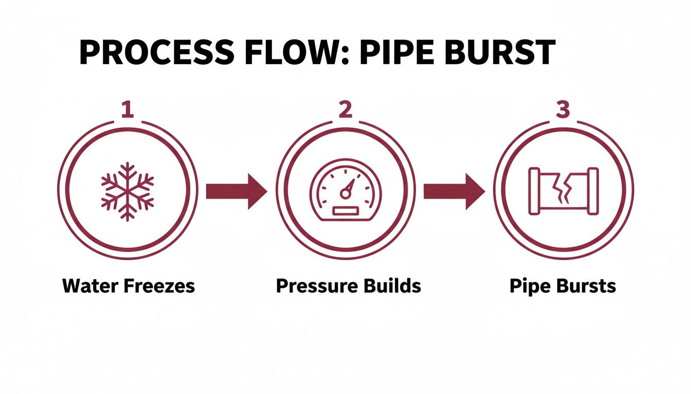 A Process Flow Diagram Illustrating How A Pipe Bursts: Water Freezes, Pressure Builds, Then The Pipe Bursts.