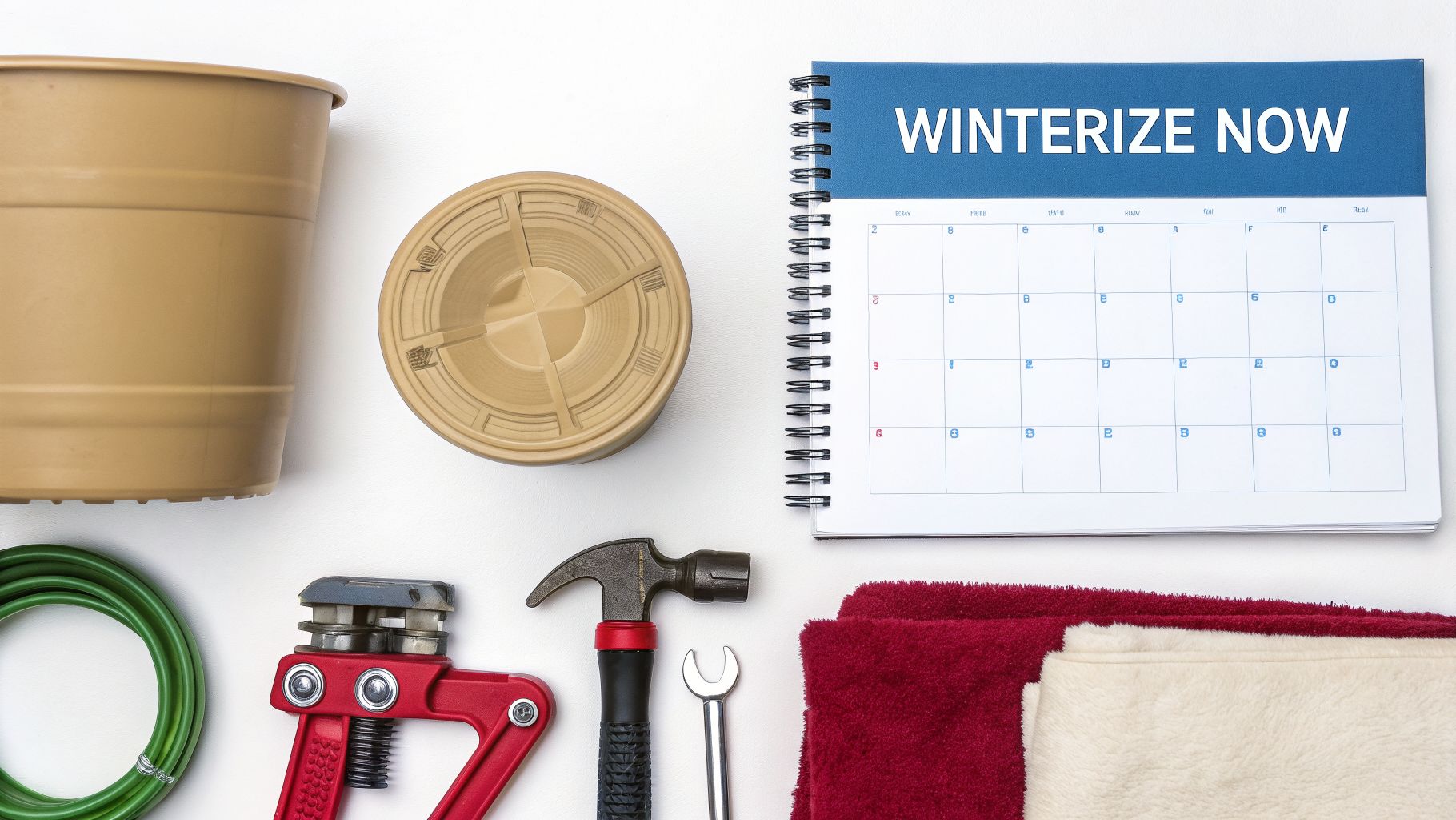 Flat Lay Of Winterization Tools, A Calendar, A Pot, Hose, And Blankets On White.
