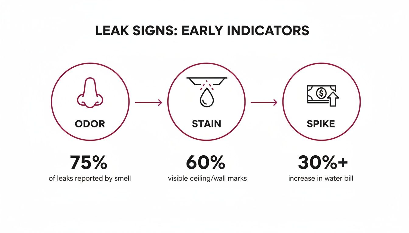 Leak Detection Philadelphia: Leak Detection Philadelphia To Stop Water Damage 2 Infographic Showing Early Indicators Of Water Leaks: Odor, Stains, And A Spike In Water Bills.