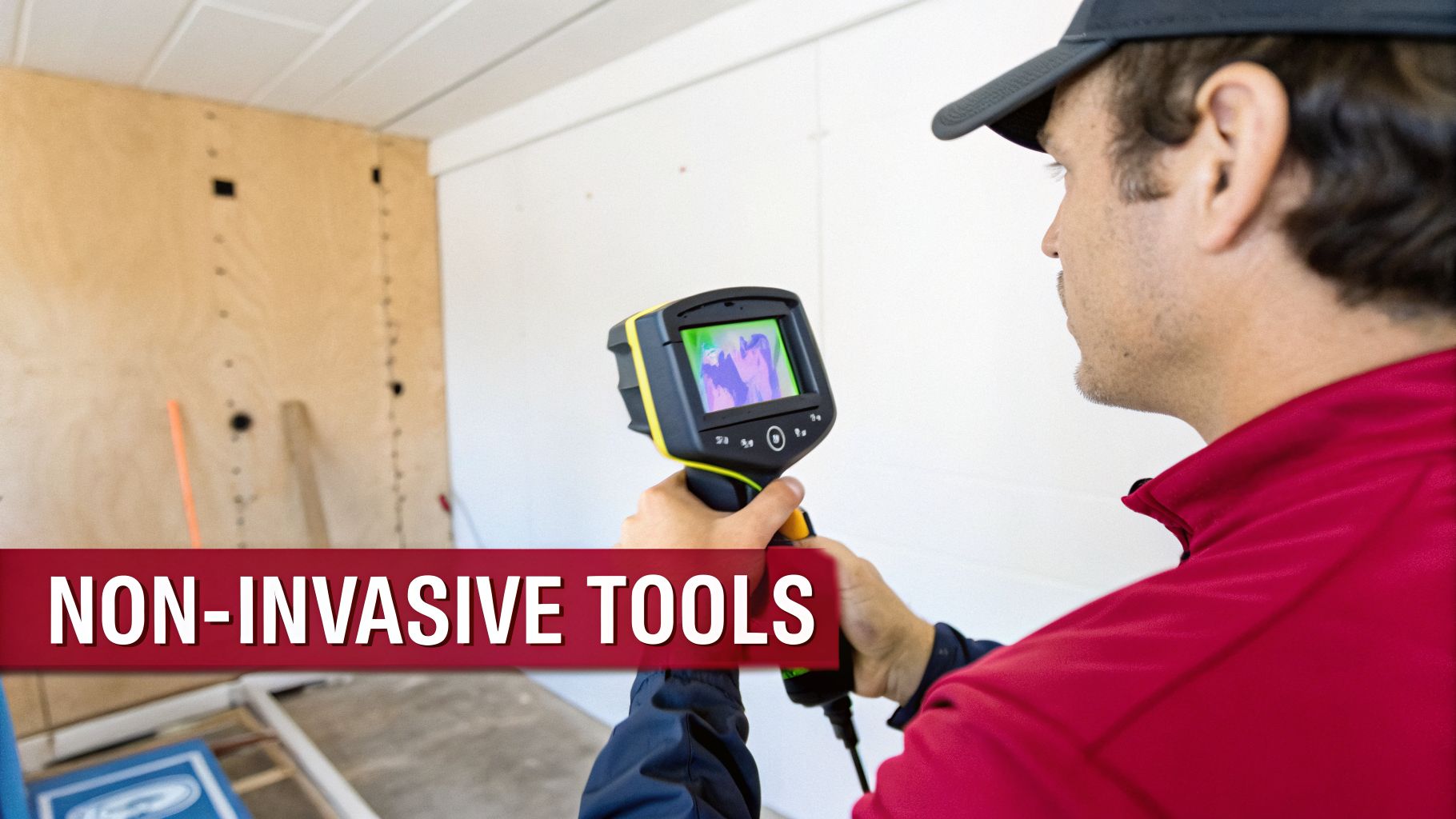 Leak Detection Philadelphia: Leak Detection Philadelphia To Stop Water Damage 3 A Person In A Red Shirt And Cap Uses A Non-Invasive Thermal Imaging Camera To Inspect A Wall For Heat Variations.