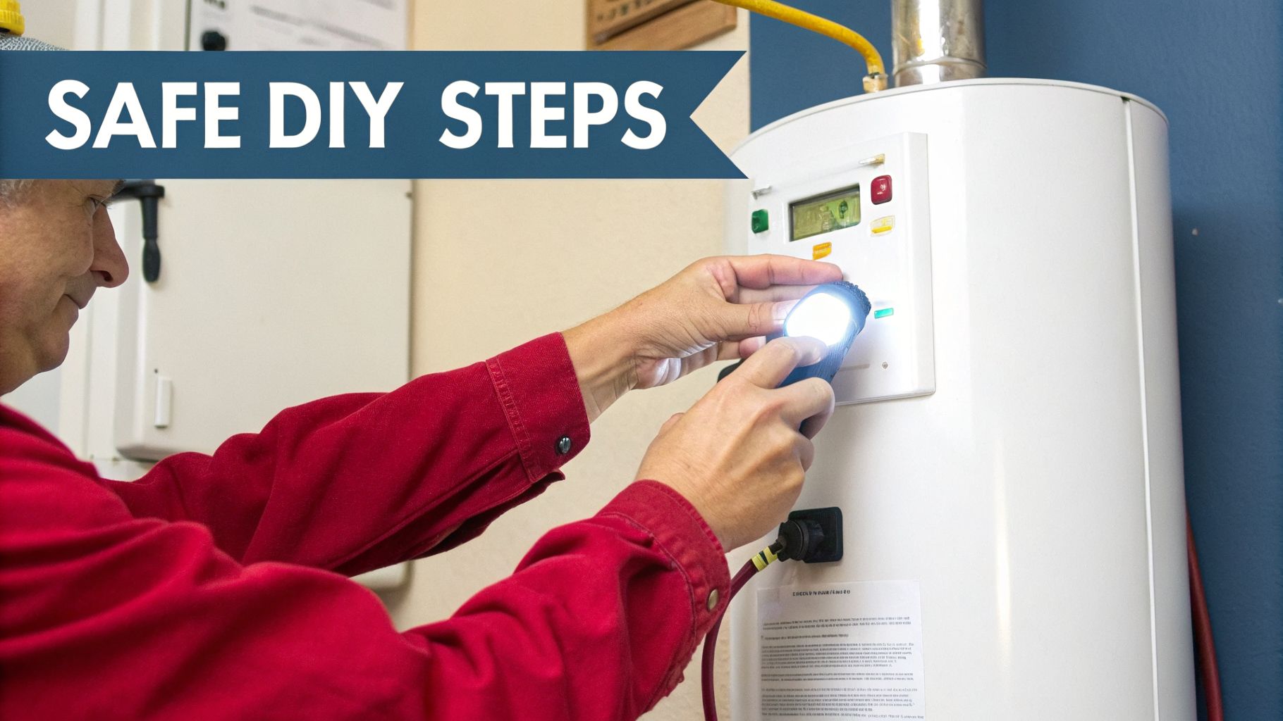 A Man In A Red Shirt Uses A Flashlight To Inspect The Control Panel Of A White Hot Water Heater.