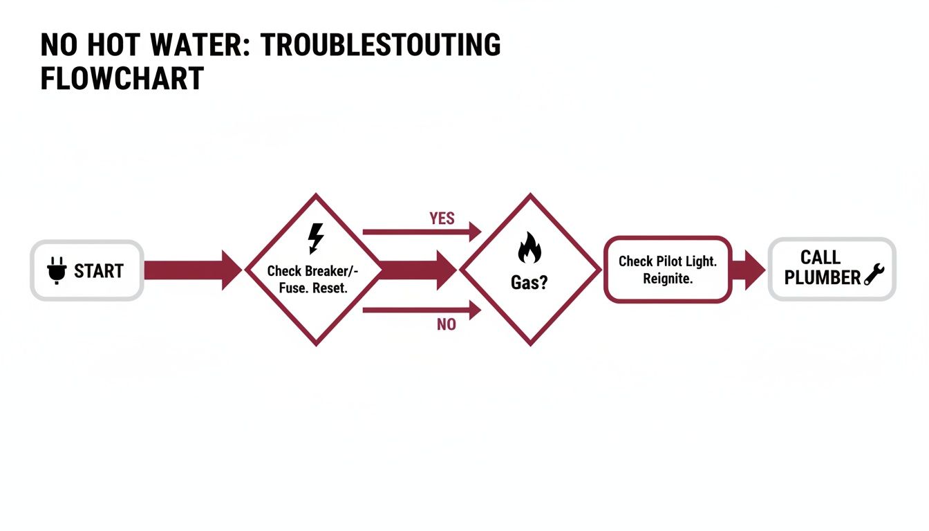 A Troubleshooting Flowchart Titled 'No Hot Water' Showing Steps: Start, Check Breaker/Fuse, Gas?, Check Pilot Light, And Call Plumber.