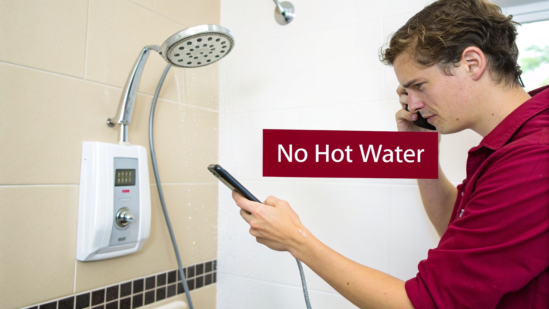 A Man On The Phone In A Shower Looking At A Broken Water Heater, Indicating No Hot Water.