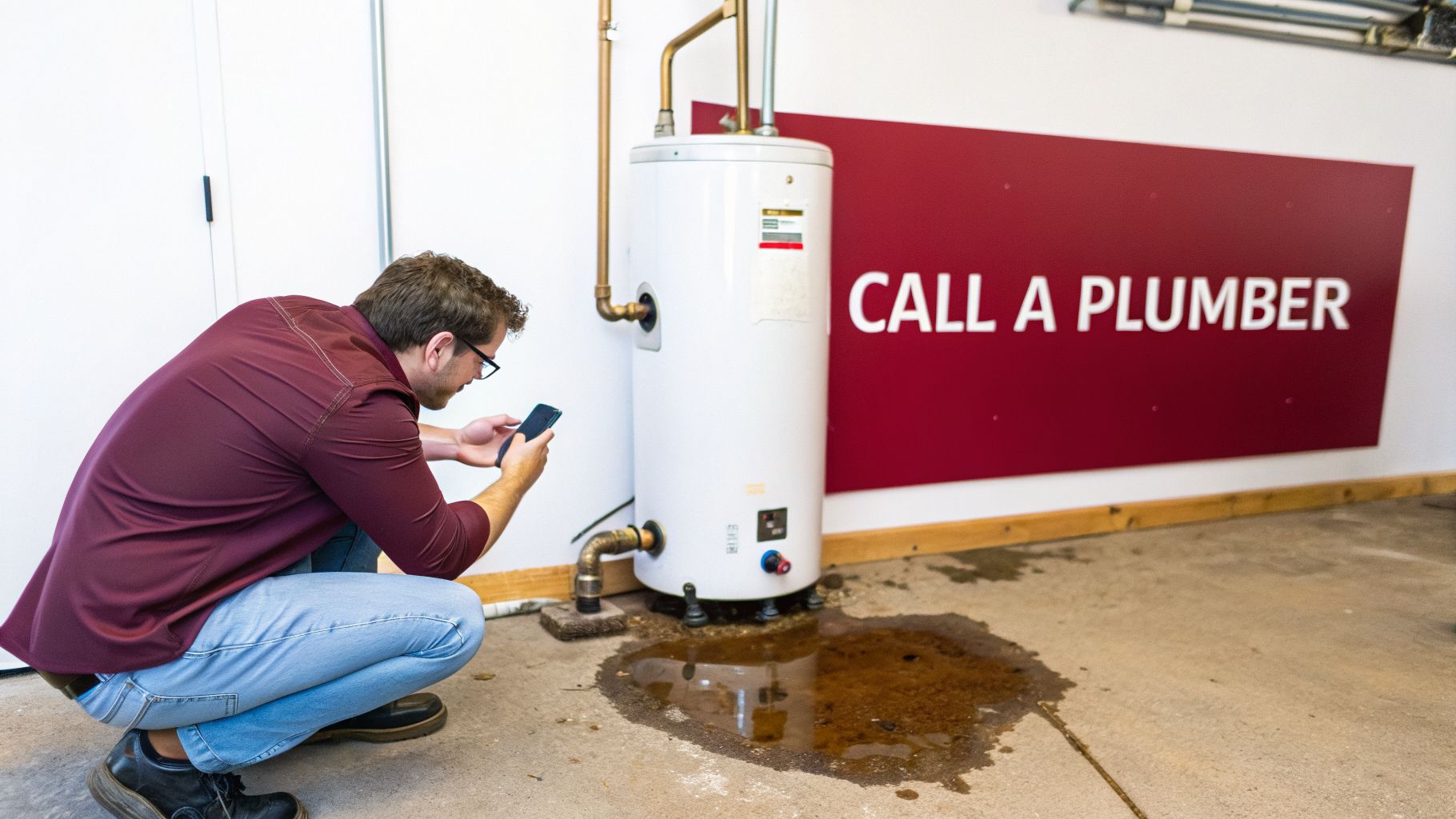 A Man Consults His Phone Next To A Leaking Hot Water Heater, Ready To Call A Plumber.