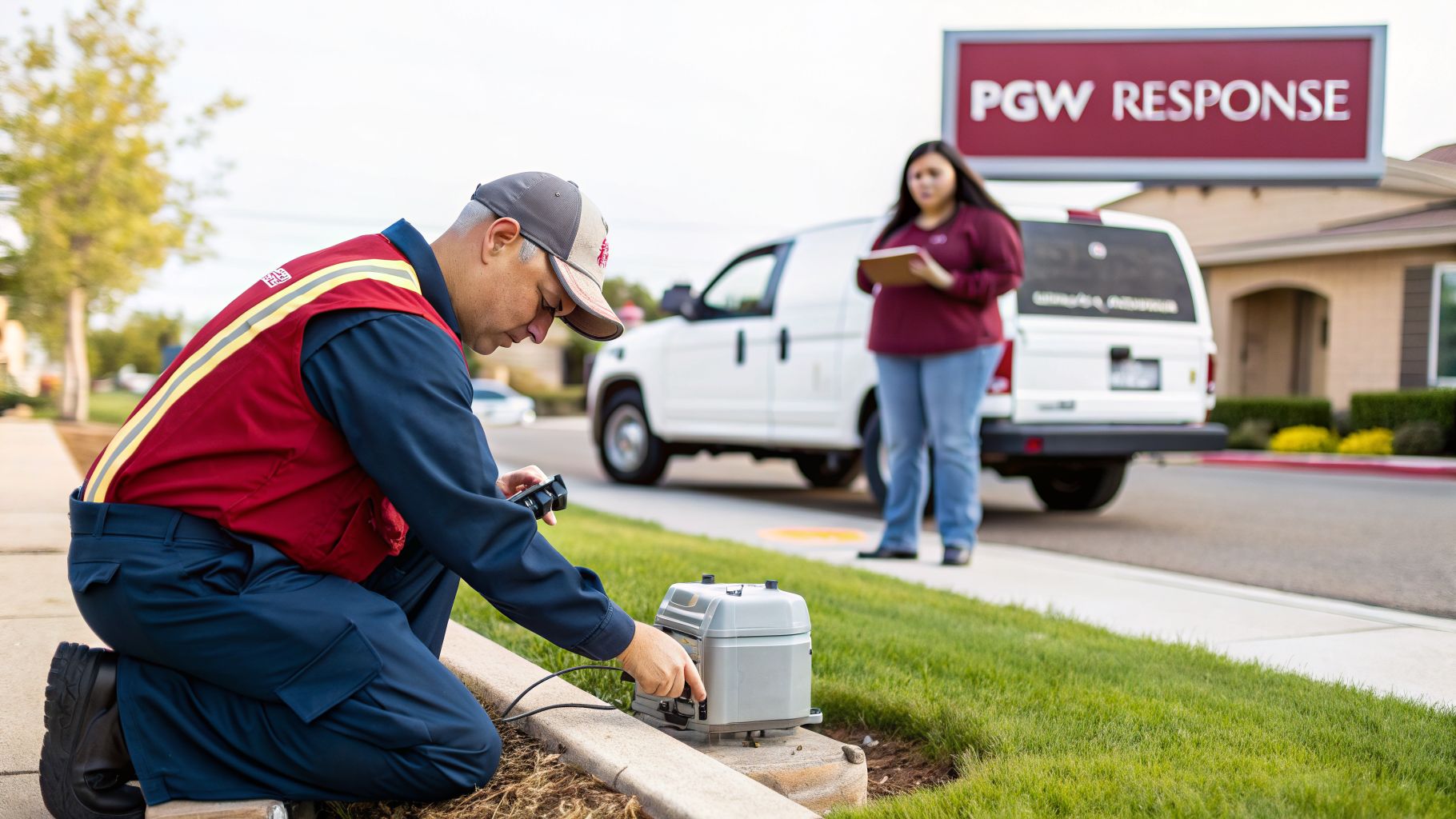 Suspect A Pgw Gas Leak? Your Philadelphia Home Safety Guide 2 Pgw Utility Worker Inspecting Equipment While Another Employee Stands By Their Response Van.