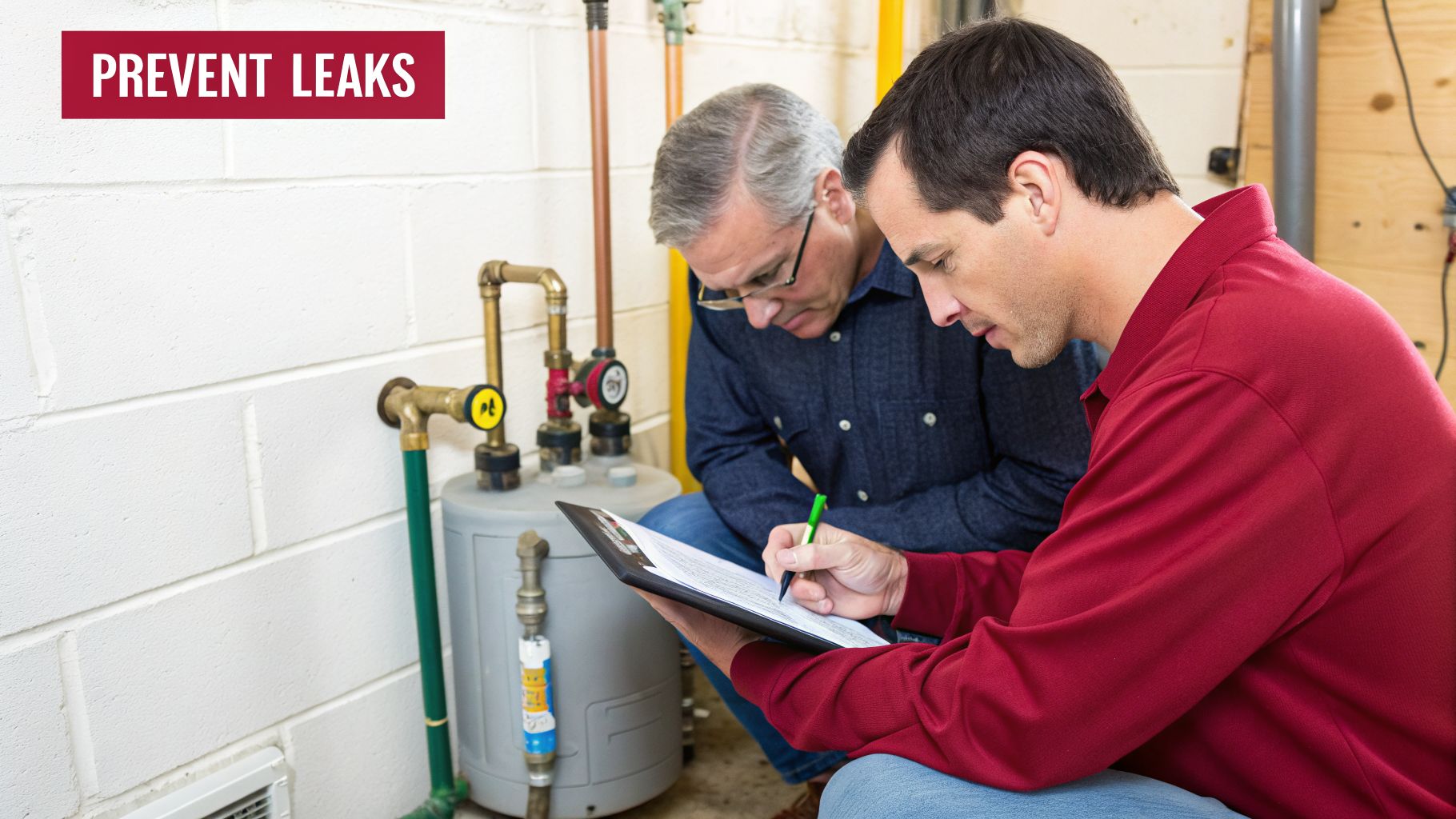 Suspect A Pgw Gas Leak? Your Philadelphia Home Safety Guide 3 Two Men, One A Professional, Inspecting A Water Heater And Plumbing For Leak Prevention.