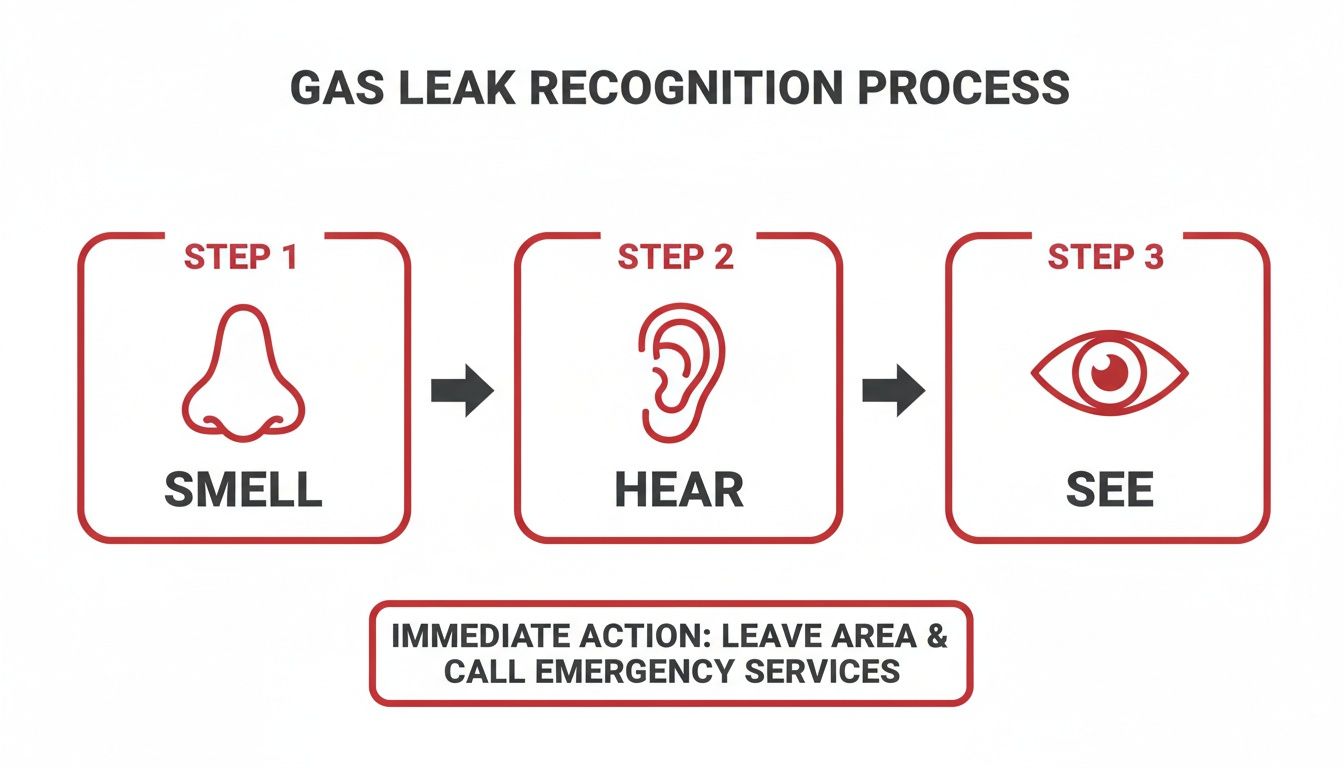 Suspect A Pgw Gas Leak? Your Philadelphia Home Safety Guide 1 Diagram Showing Gas Leak Recognition Steps: Smell, Hear, See. Immediate Action: Leave Area And Call Emergency Services.