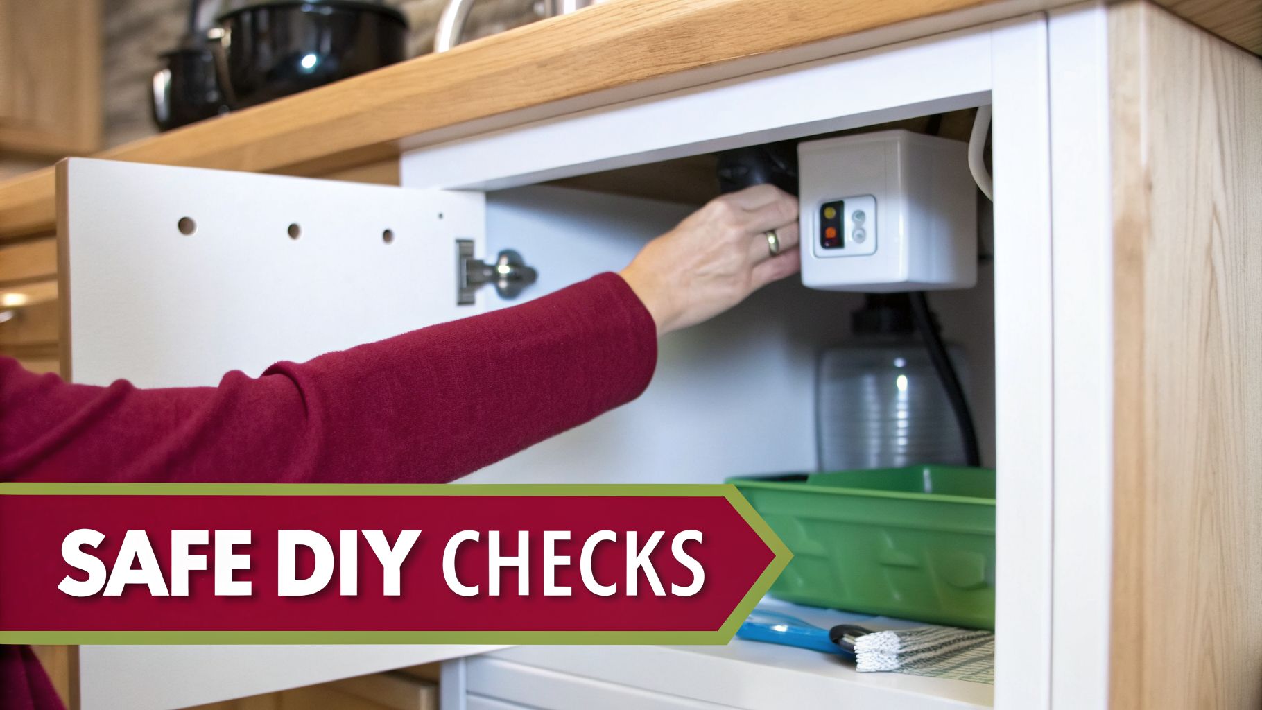 Person Checking A White Electrical Device Inside A Kitchen Cabinet During Safe Diy Checks.