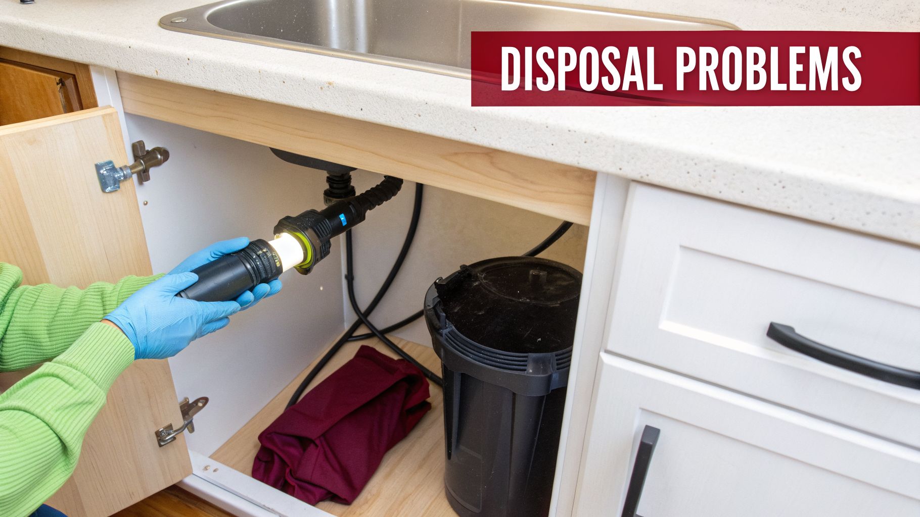 Plumber In Blue Gloves Inspecting A Clogged Garbage Disposal Under A Kitchen Sink With A Flashlight.