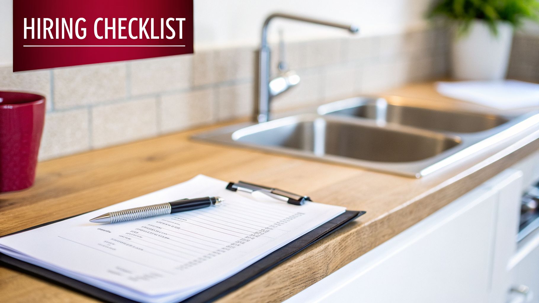 A Hiring Checklist Document And Pen On A Kitchen Counter With A Double Sink.