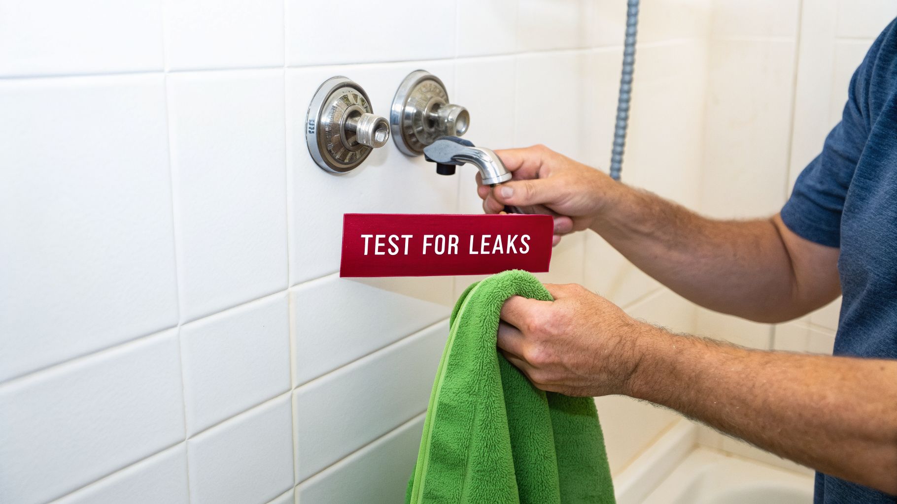 How To Repair Moen Shower Valve: Quick Diy Guide Without A Plumber 3 A Person'S Hands Holding A Shower Faucet And A Green Towel Next To A 'Test For Leaks' Sign.