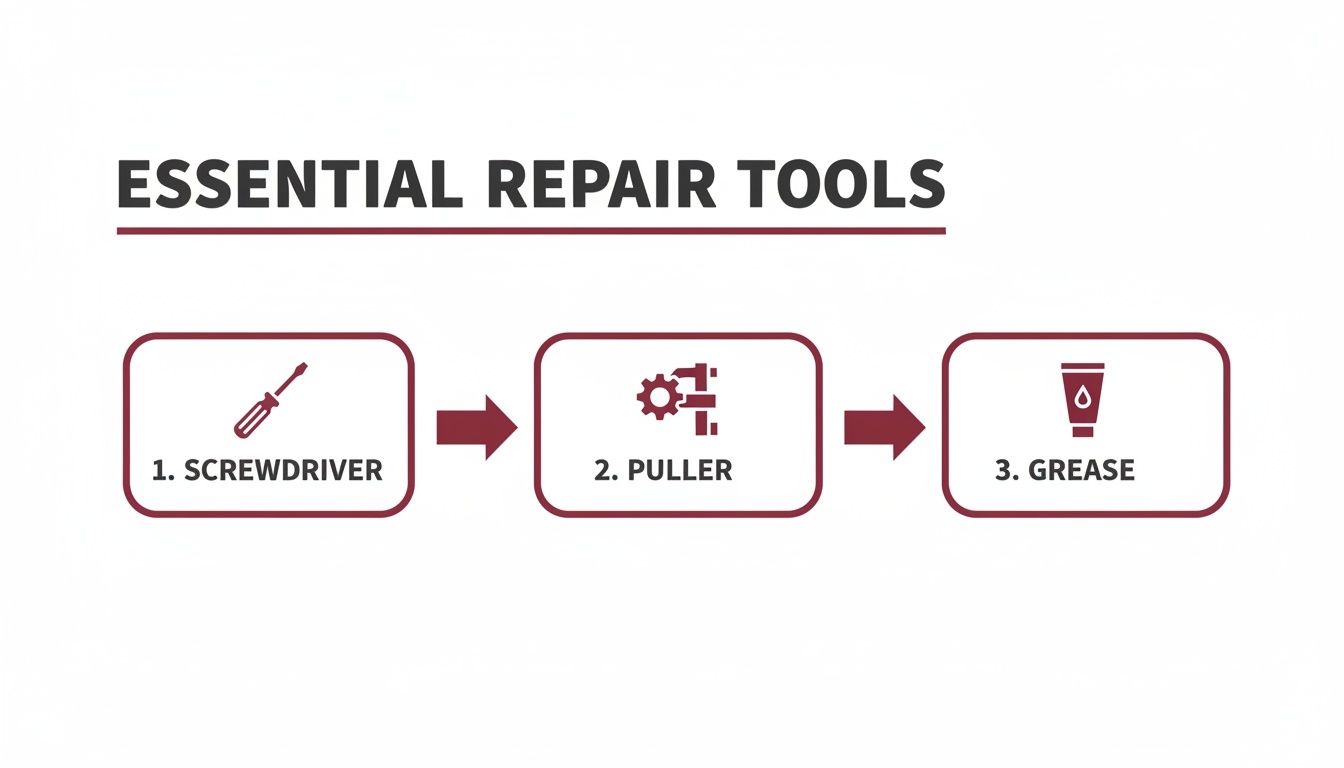 How To Repair Moen Shower Valve: Quick Diy Guide Without A Plumber 2 Flowchart Showing Three Essential Repair Tools: Screwdriver, Puller, And Grease, With Corresponding Icons.