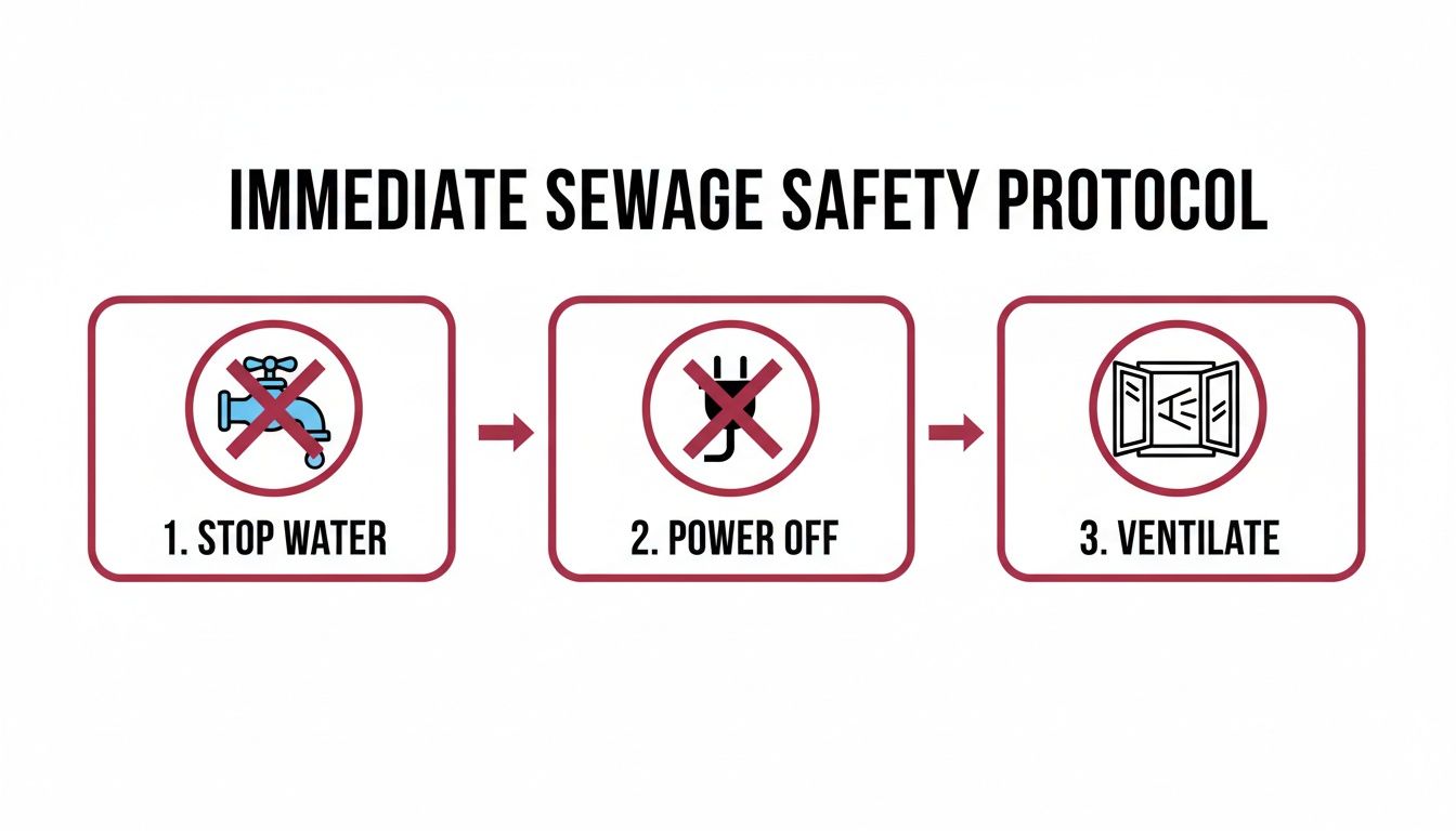 Infographic Displaying A Three-Step Immediate Sewage Safety Protocol: Stop Water, Power Off, And Ventilate.