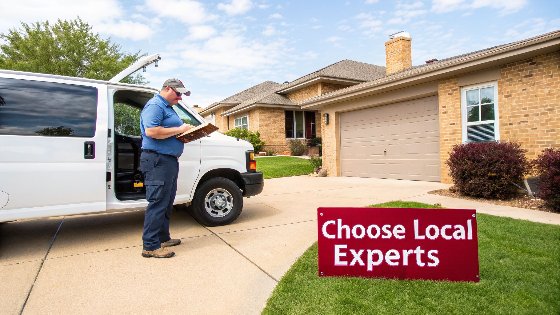 A Service Technician Stands By A White Van In A Residential Driveway, Holding A Book, With A 'Choose Local Experts' Sign On The Lawn.
