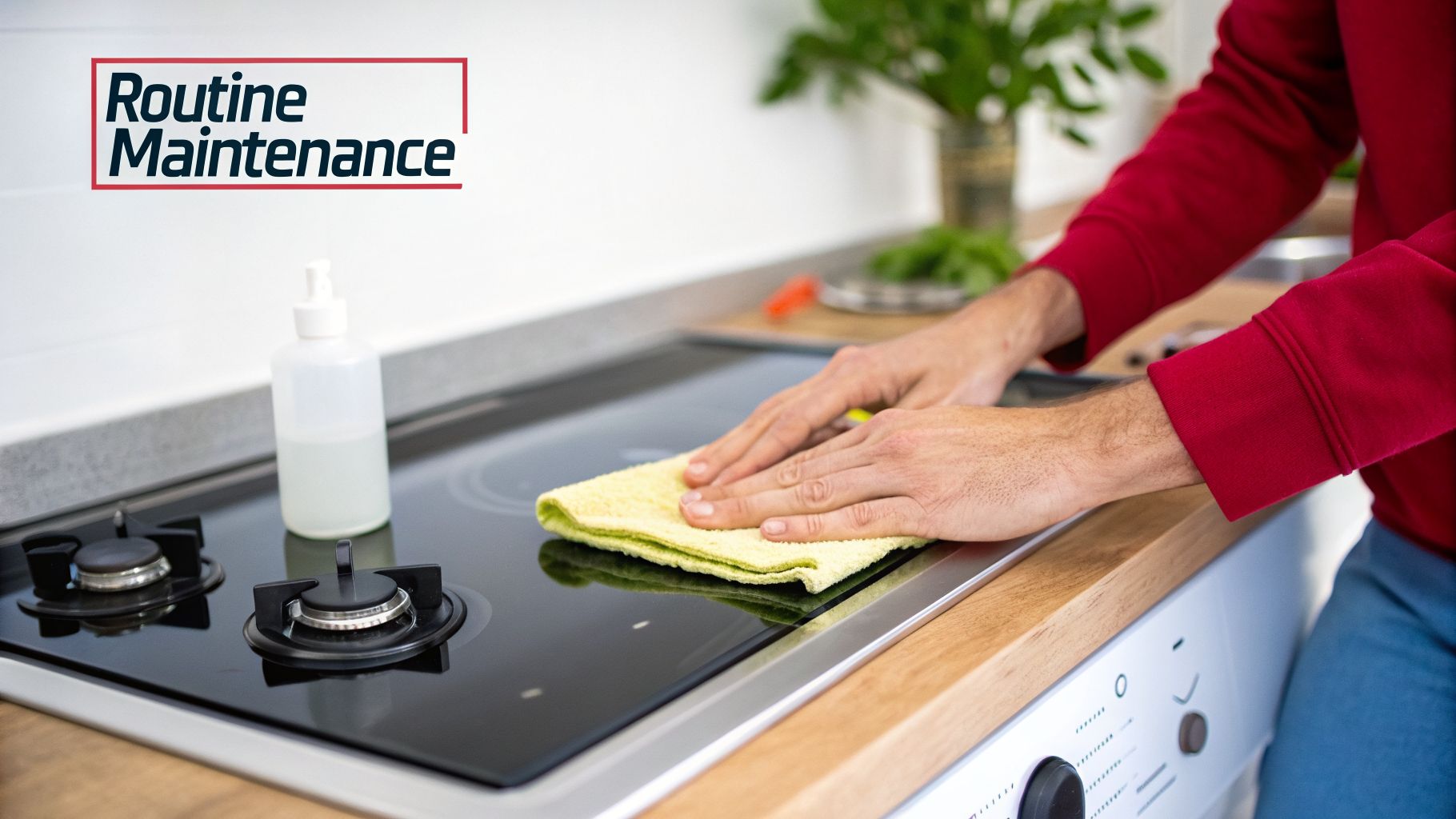 Stove Repair Philadelphia - Stove Repair Philadelphia, Fast &Amp; Local Pros 3 A Person In A Red Shirt Cleaning A Black Induction Stovetop With A Yellow Cloth.