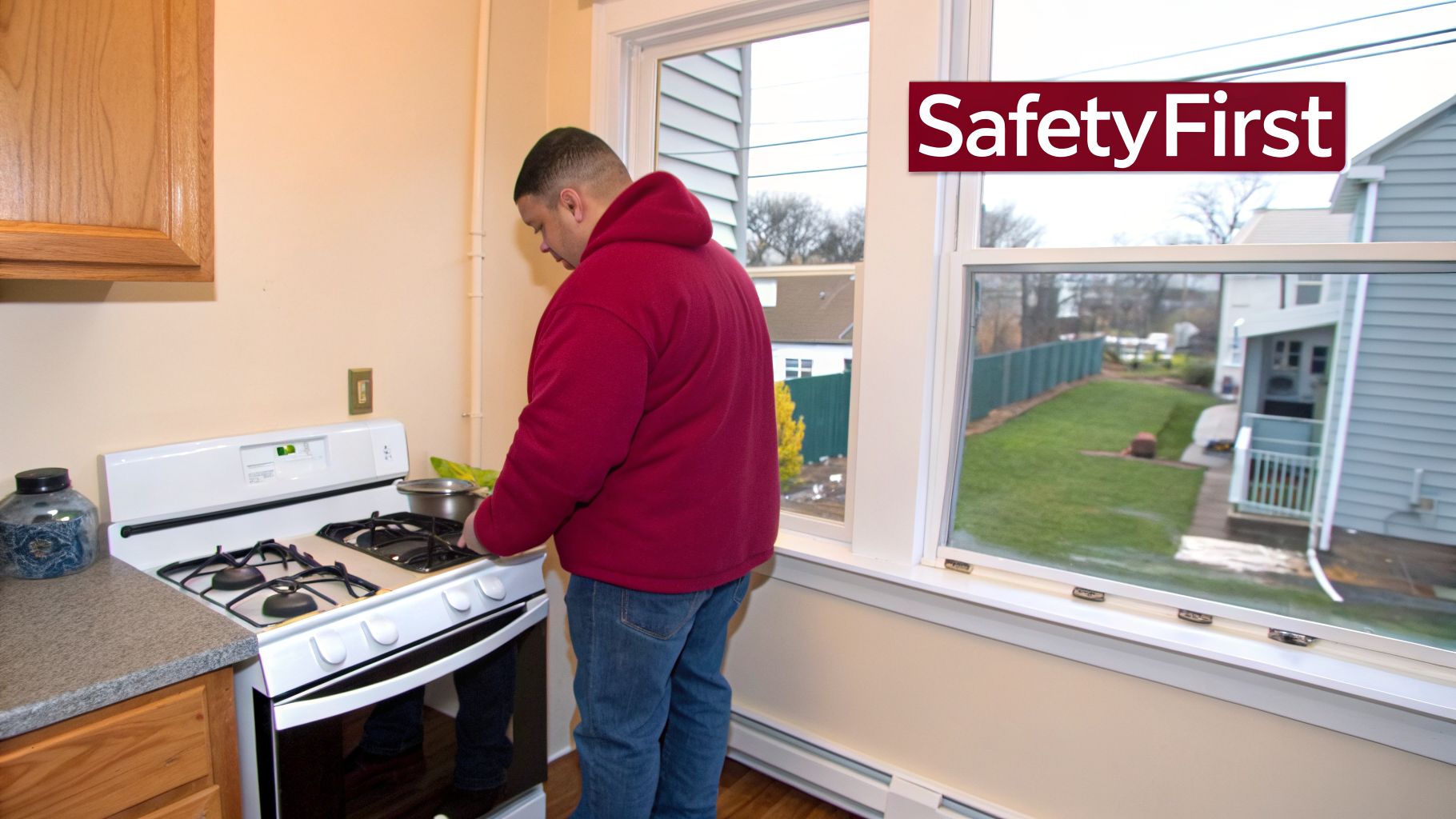 Stove Repair Philadelphia - Stove Repair Philadelphia, Fast &Amp; Local Pros 1 A Man In A Red Hoodie Stands At A White Gas Stove In A Kitchen With A Backyard View.