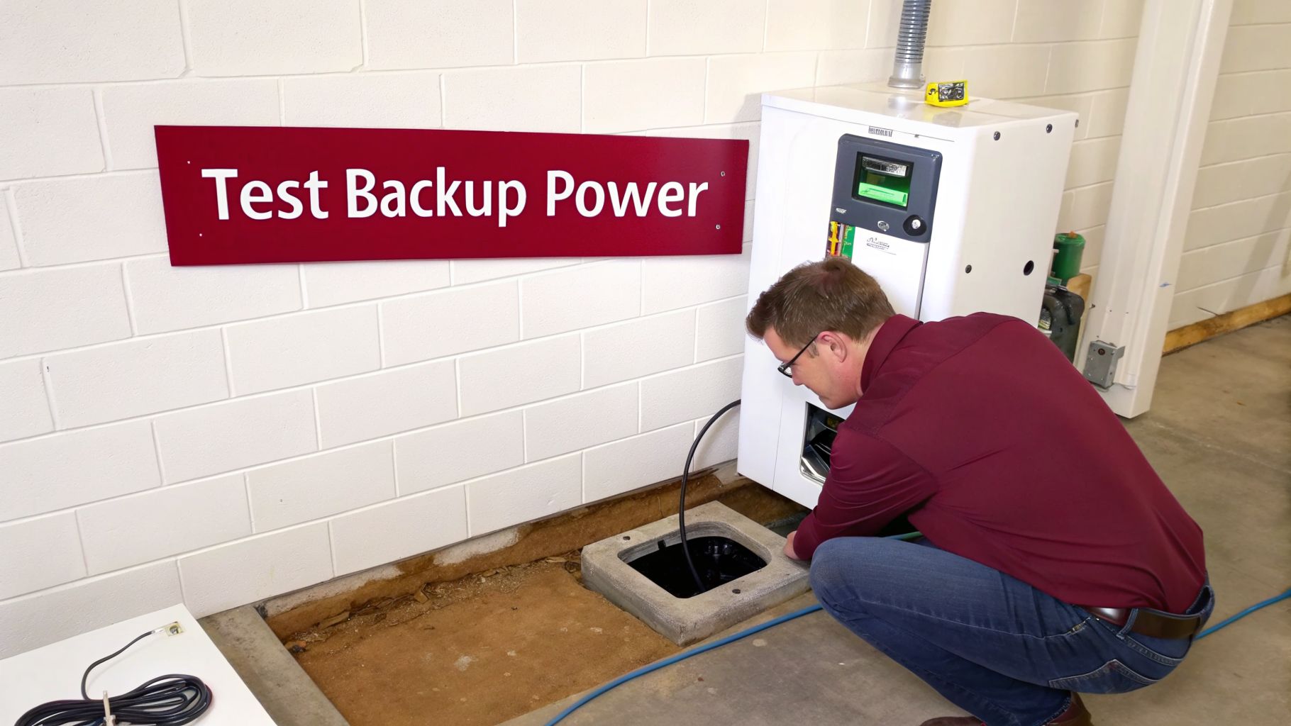 The Ultimate 2026 Sump Pump Maintenance Checklist: 8 Essential Steps 2 Man Inspects A Sump Pump Pit Next To A White Backup Power Unit, With A Red Sign On The Wall.