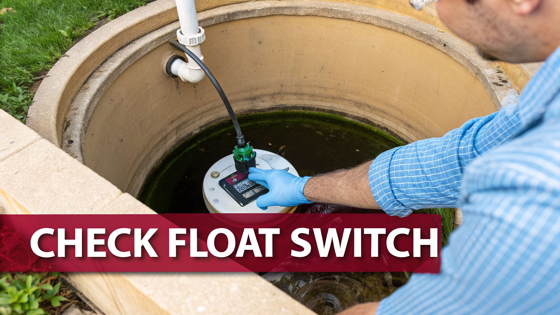 The Ultimate 2026 Sump Pump Maintenance Checklist: 8 Essential Steps 3 A Person In A Blue Glove Checking A Float Switch Inside A Sump Pit With Dark Water.