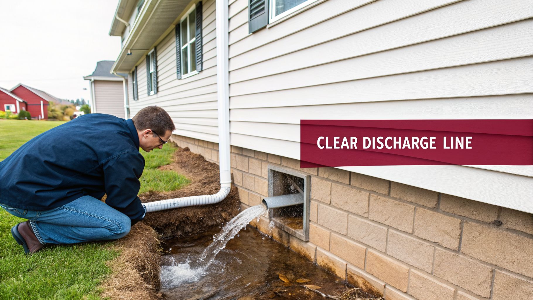 The Ultimate 2026 Sump Pump Maintenance Checklist: 8 Essential Steps 1 A Man Inspects A Sump Pump'S Clear Discharge Line With Water Flowing Out Of A House.