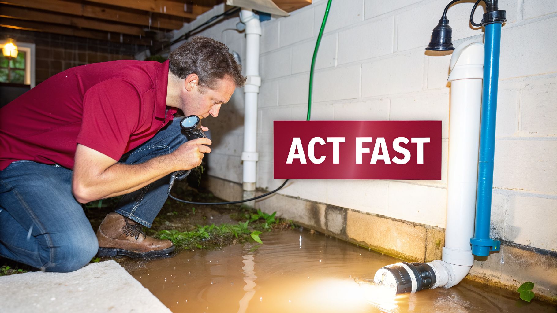 A Man In A Red Shirt Inspects A Flooded Basement With A Flashlight, Next To A Sump Pump Pipe And An 'Act Fast' Sign.