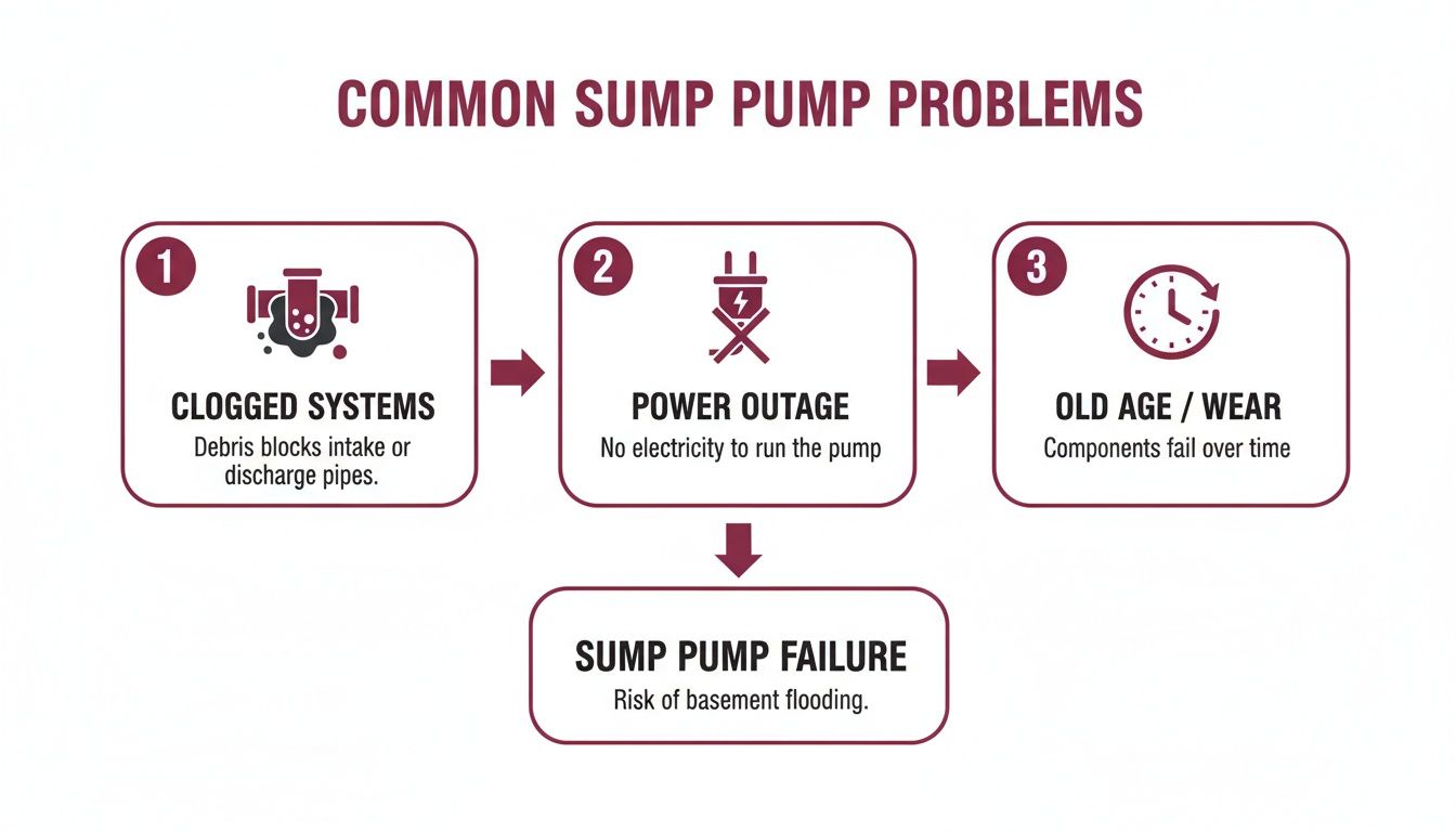 A Diagram Illustrating Common Sump Pump Problems Like Clogs, Power Outages, And Wear, Leading To Failure And Basement Flooding.