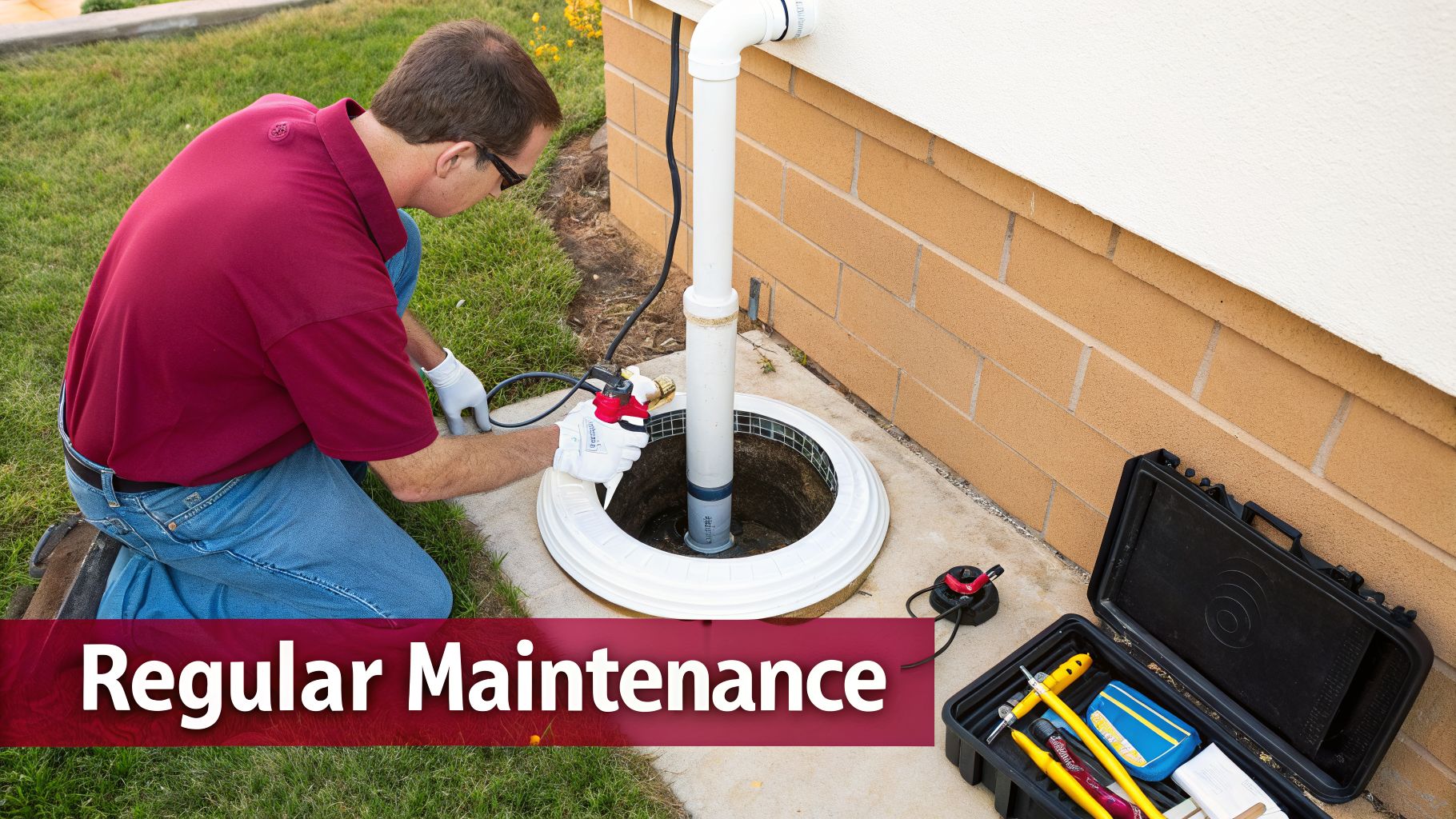 A Man Wearing Gloves Performs Maintenance On An Outdoor Sump Pump, Surrounded By Tools.