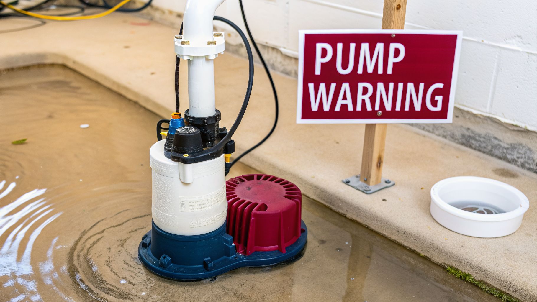 A White And Blue Sump Pump Actively Removing Muddy Water, With A Red Pump Warning Sign.