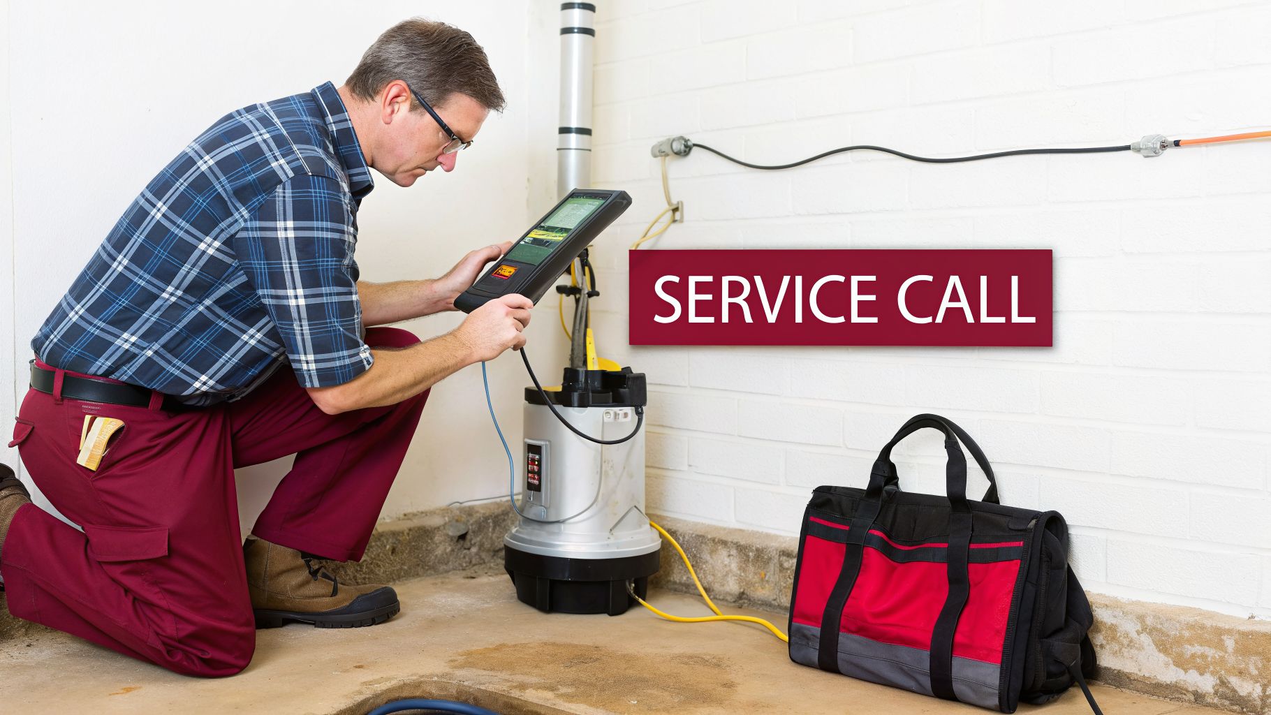 A Technician Kneels To Perform A Service Call, Examining A Sump Pump With A Diagnostic Device.