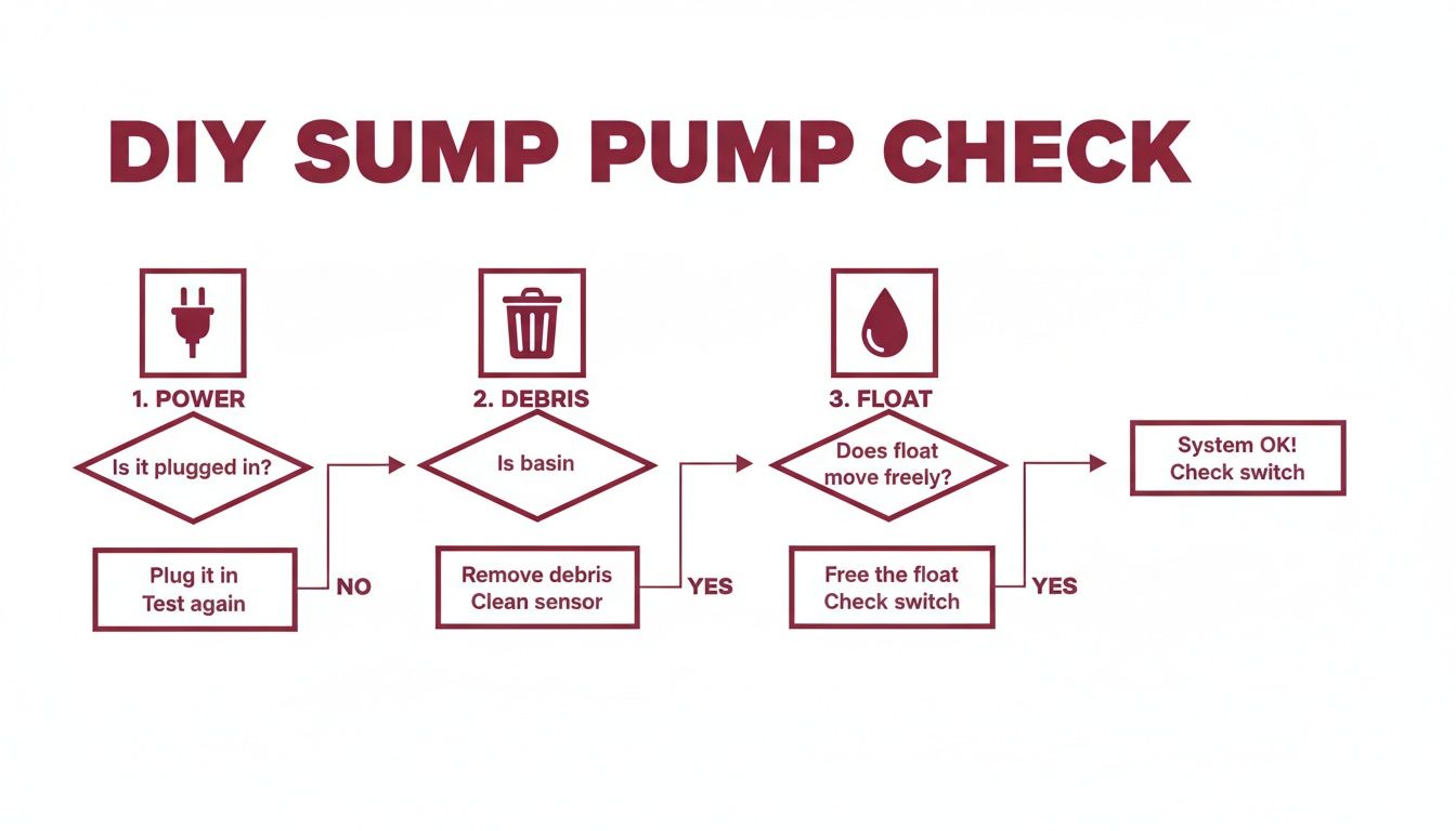 Flowchart For Diy Sump Pump Check, Troubleshooting Power, Debris, And Float Issues With Solutions.