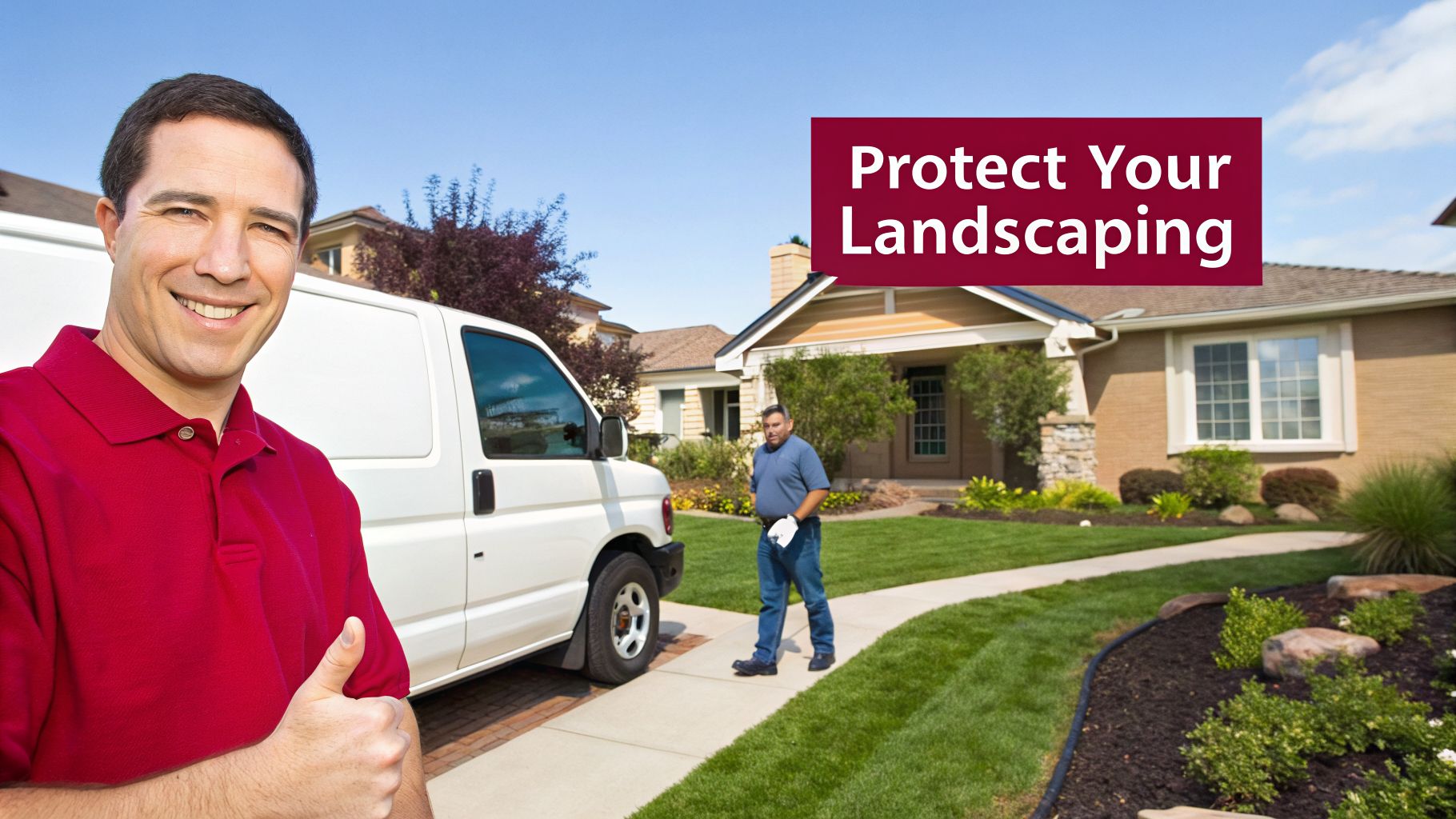A Smiling Man In A Red Polo Shirt Gives A Thumbs Up, With A White Work Van And A Landscaper Tending A Home'S Lawn.